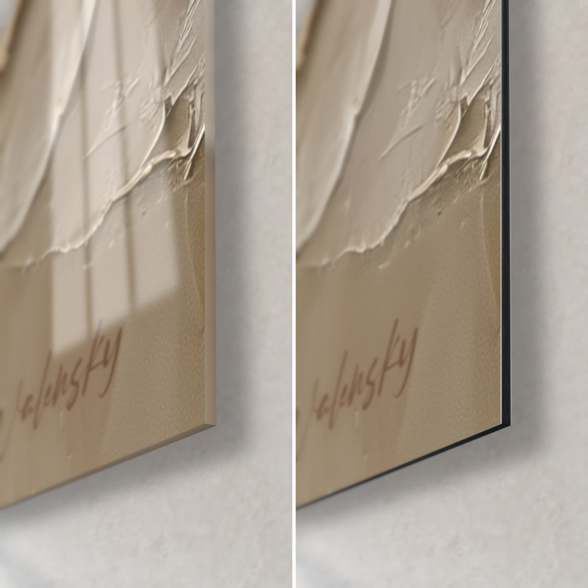 Gemälde Wellen aus Sand- und Elfenbeinmaterial, untere rechte Ecke: glänzendes Acrylglas links, mattes Dibond rechts