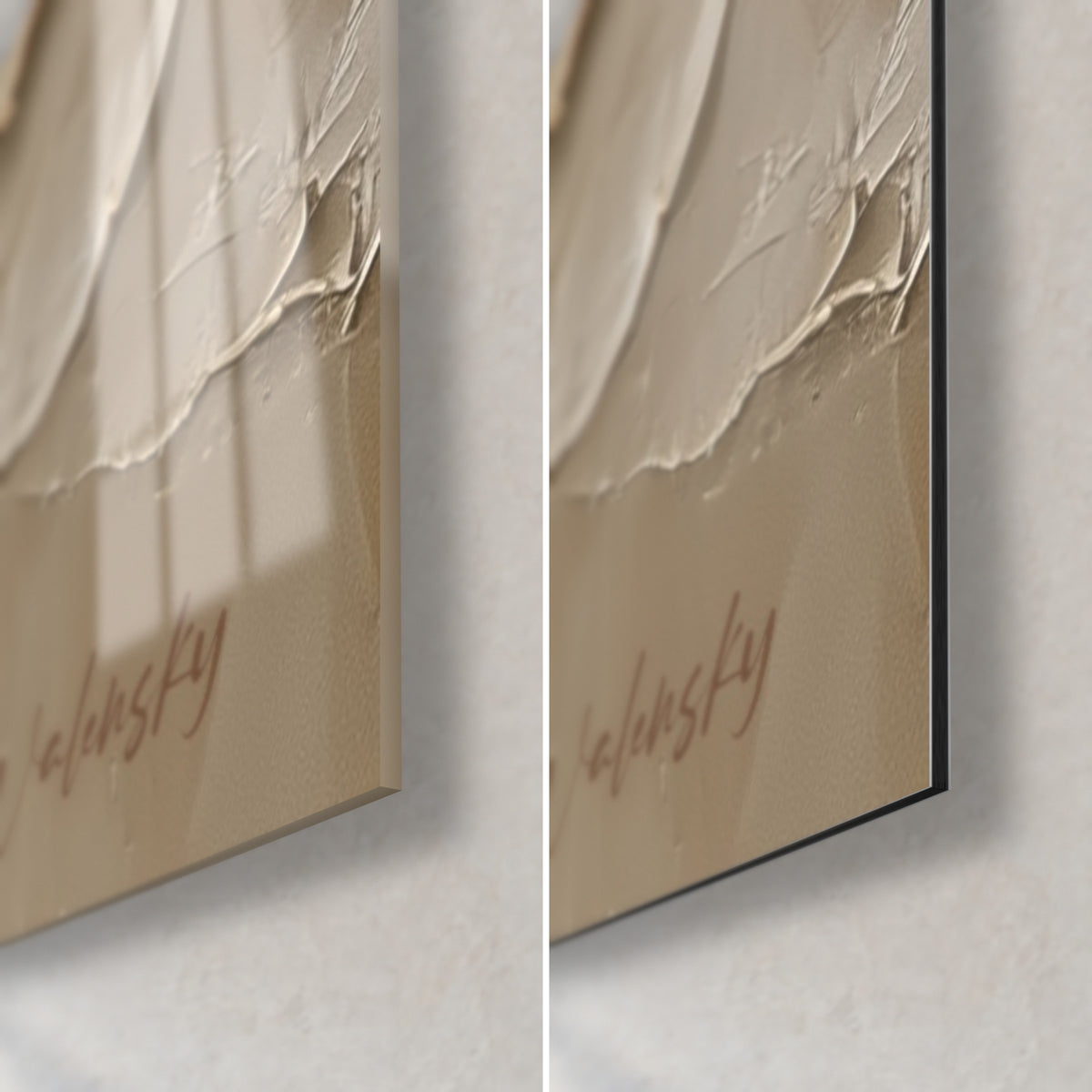 Gemälde Wellen aus Sand- und Elfenbeinmaterial, untere rechte Ecke: glänzendes Acrylglas links, mattes Dibond rechts