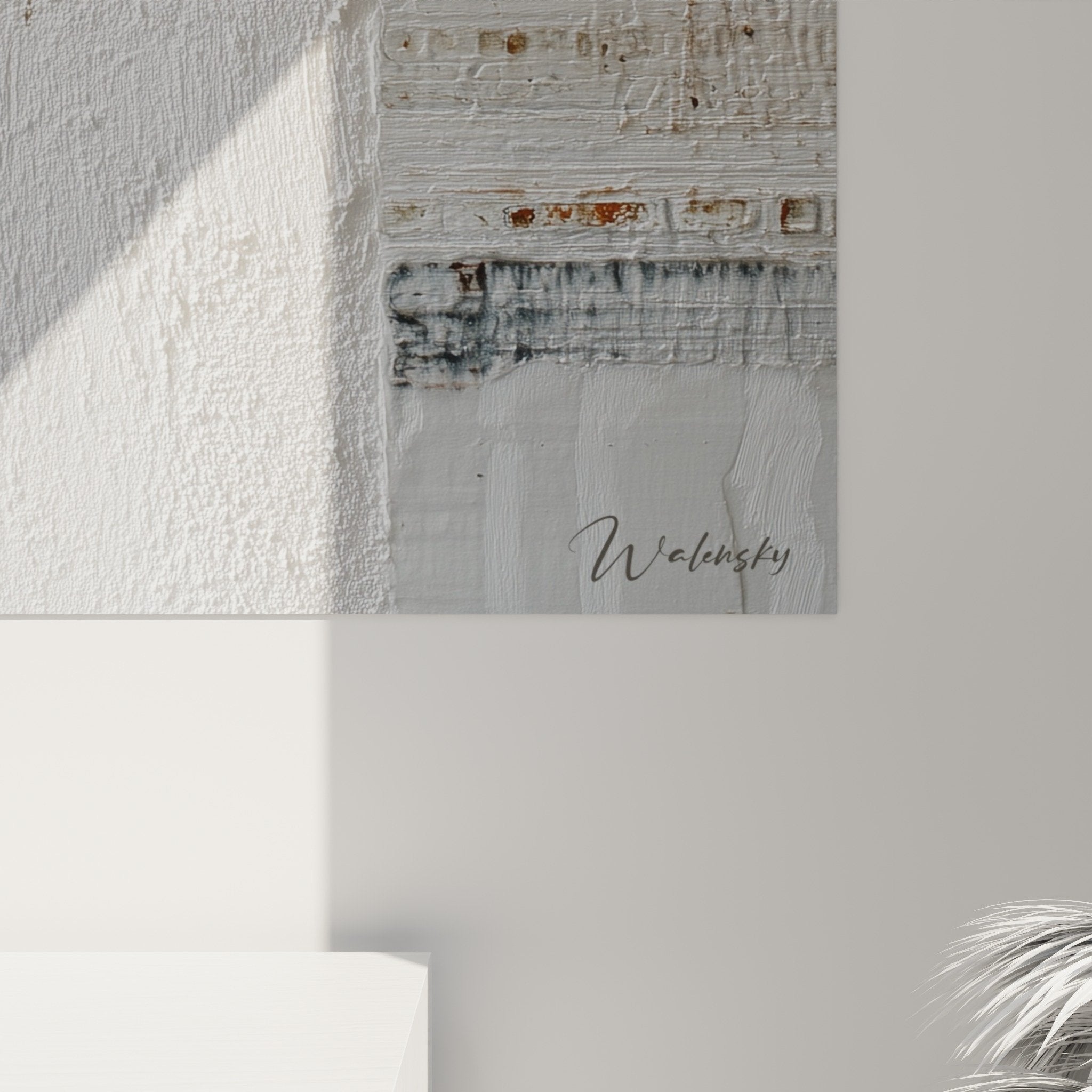Vue ensemble tableau abstrait blanc texture chambre deco murale feng shui nord ouest metal