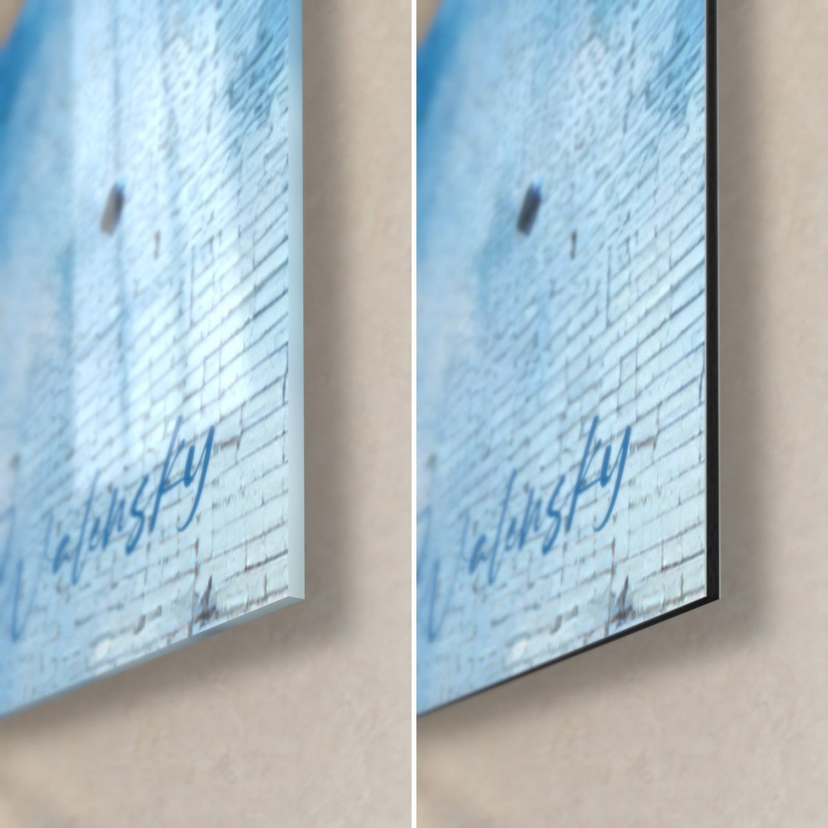 Gemälde Ozeanfusion, untere rechte Ecke: glänzendes Acrylglas mit Reflexen, mattschwarzes Alu-Dibond, 3 mm Kante sichtbar