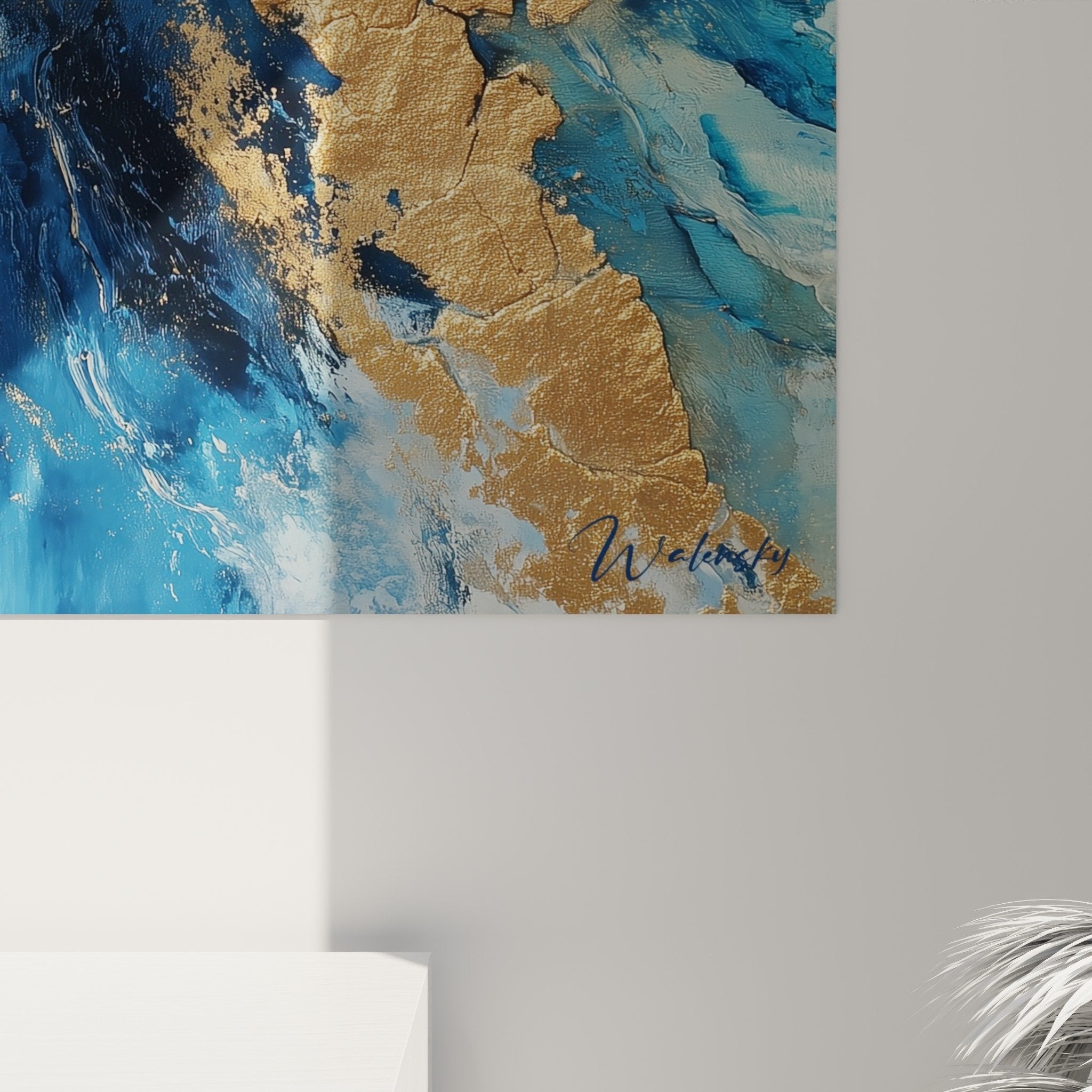 Full view abstract blue and gold painting feng shui wall decor north water element