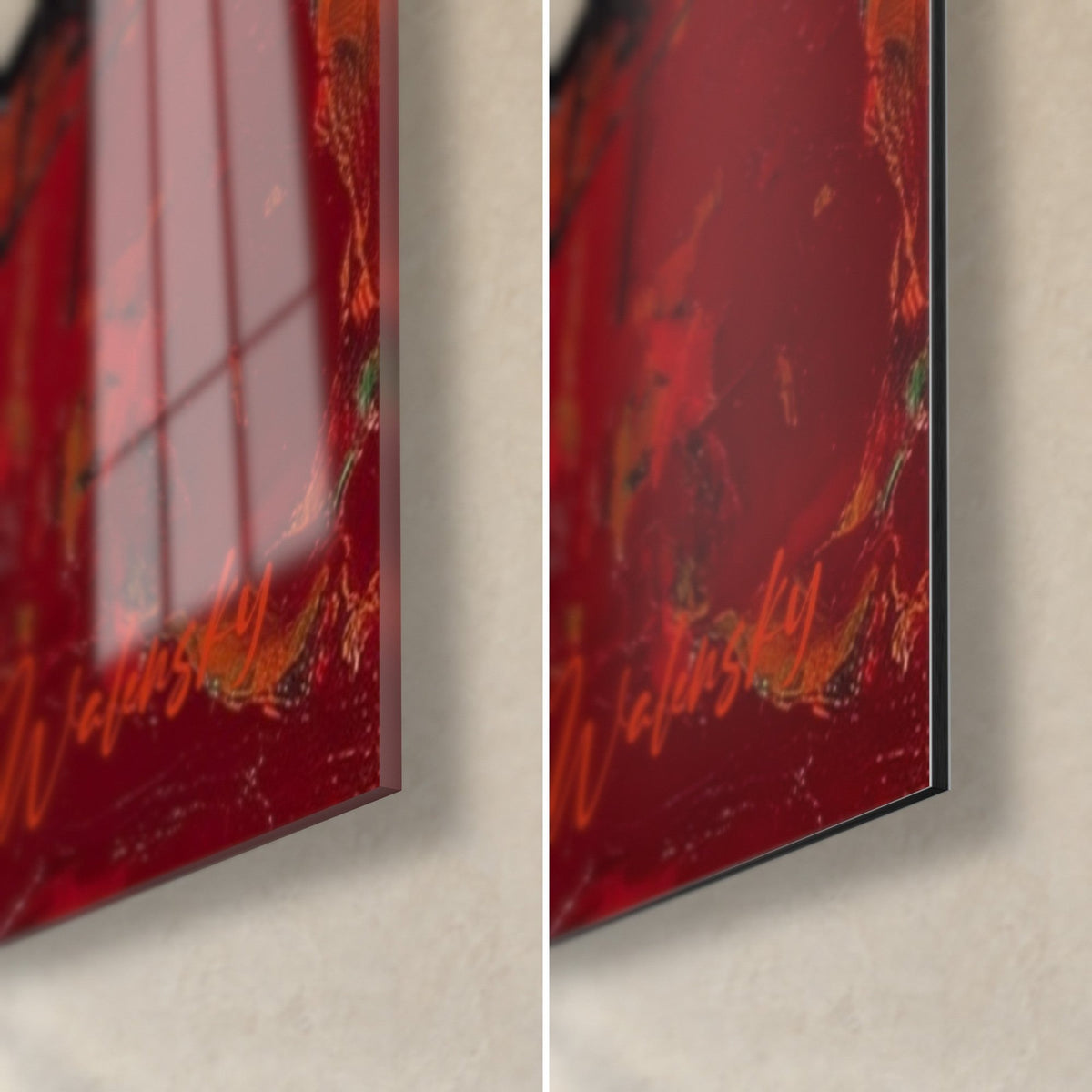 Gemälde in Bordeauxtönen mit orangefarbenen Akzenten, untere rechte Ecke, glänzendes Acrylglas links und mattes Dibond-Aluminium rechts