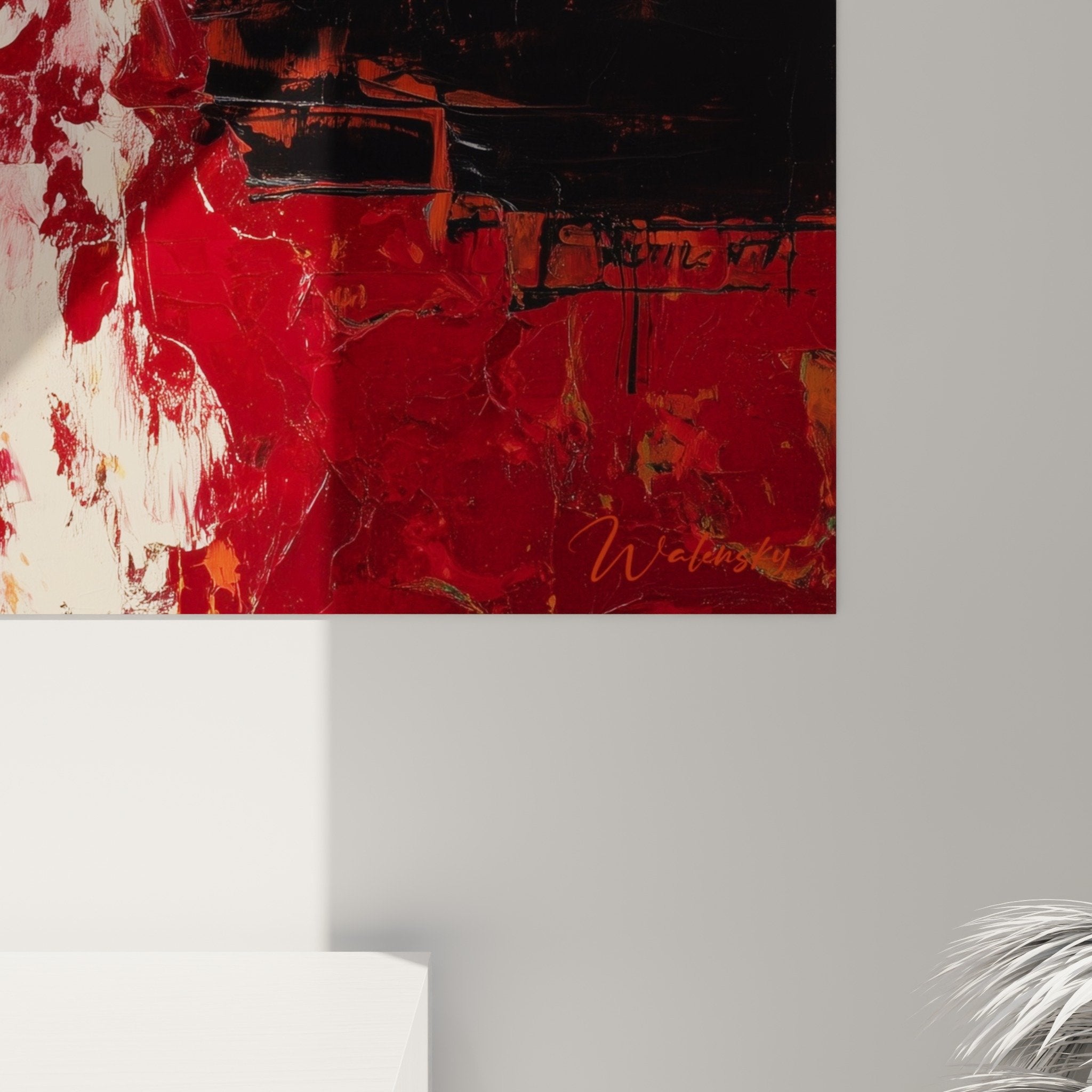 Vue ensemble tableau abstrait bordeaux creme orange noir feng shui sud feu