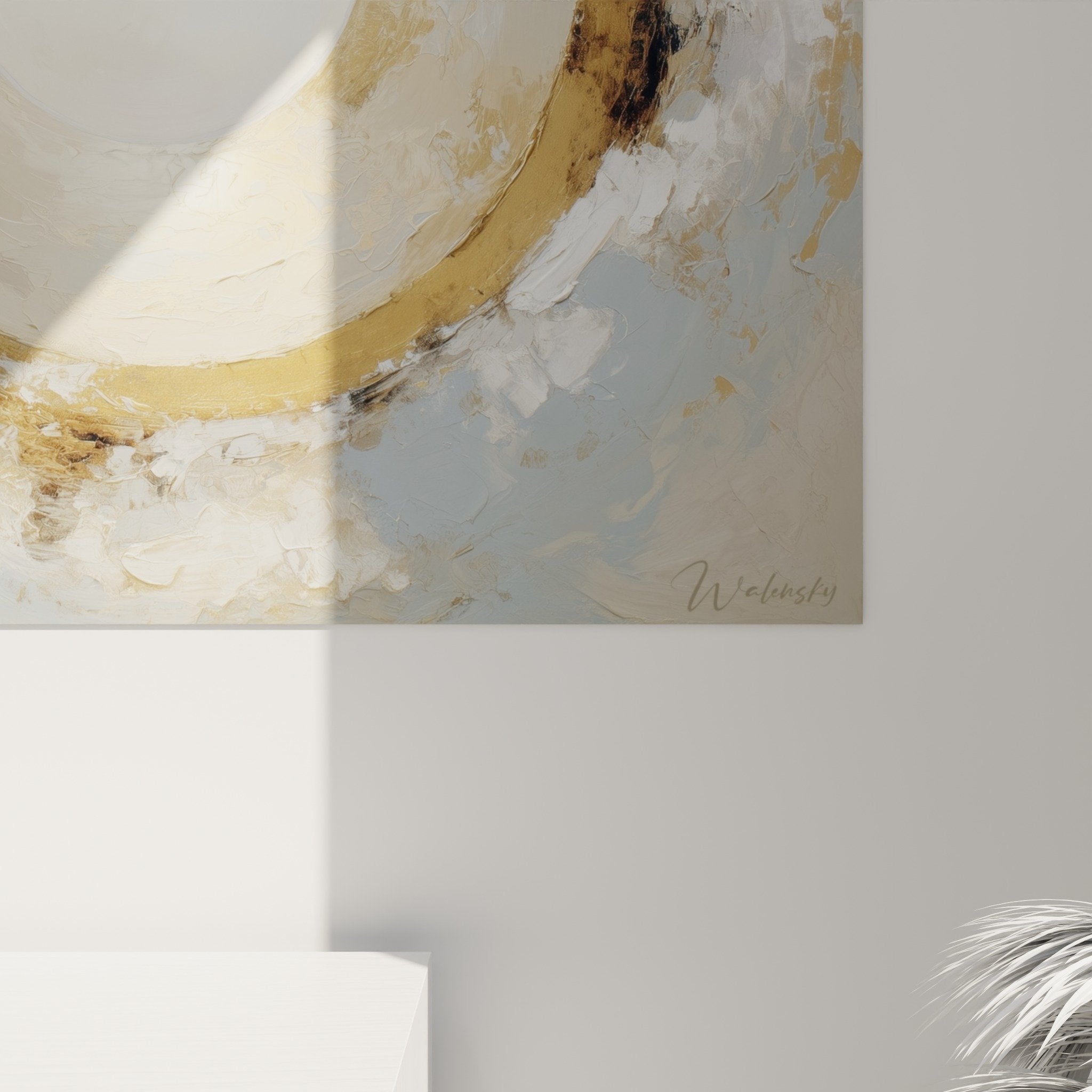 Vue ensemble tableau abstrait cercles zen beige bleu gris decoration murale feng shui ouest metal