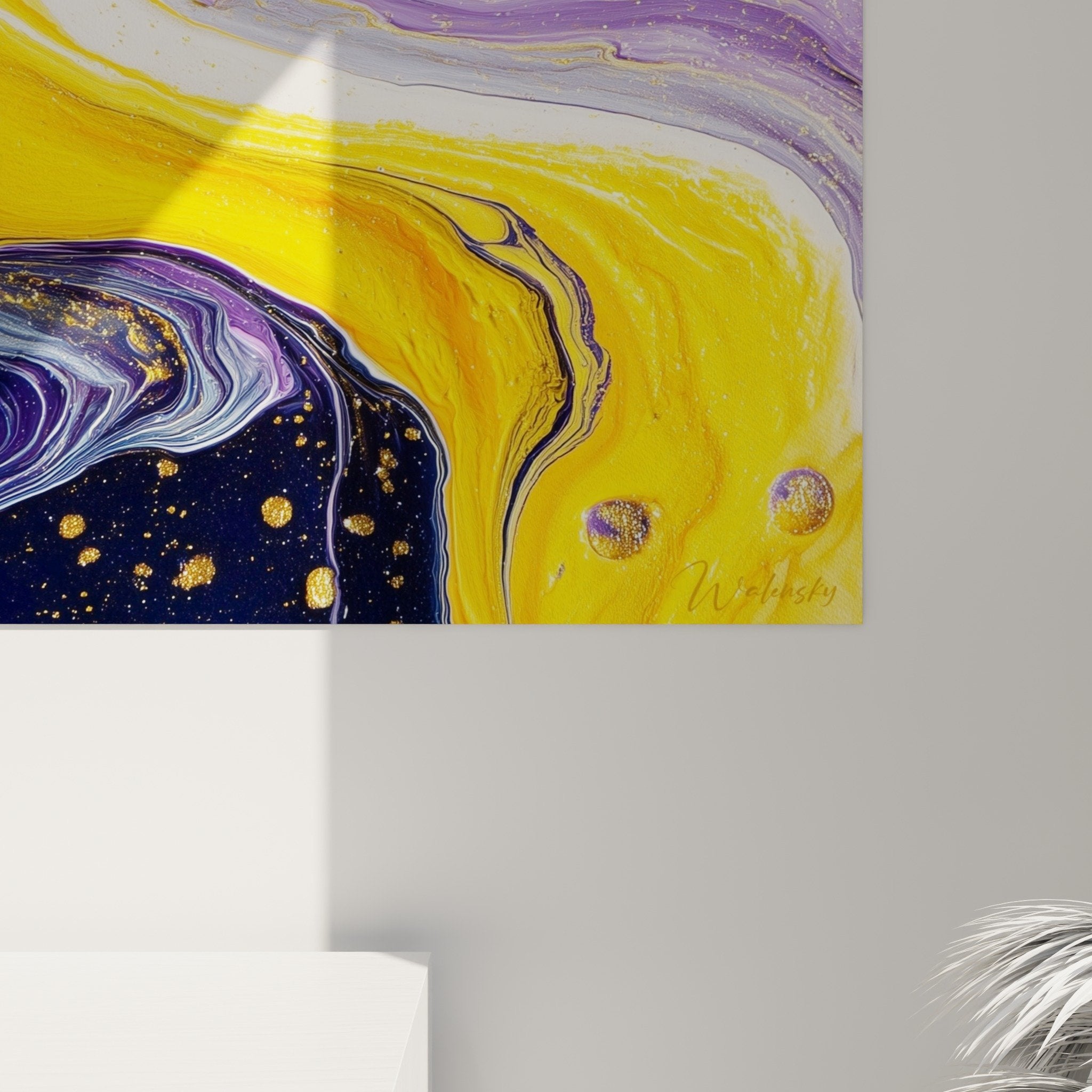 Overview abstract painting cosmic colors gold purple black feng shui southeast wood modern living room