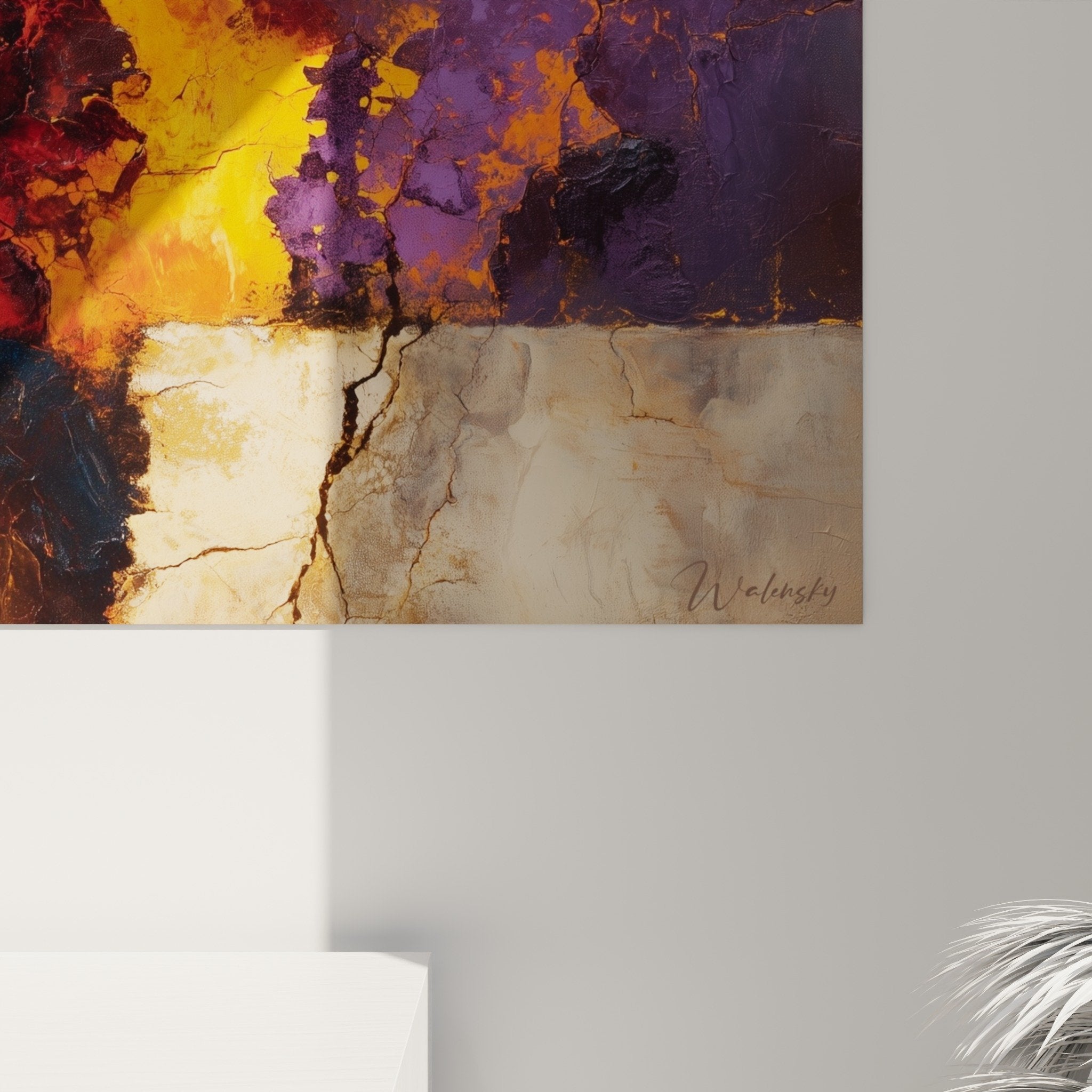 Overview of abstract wall art painting warm purple colors modern interior decoration feng shui