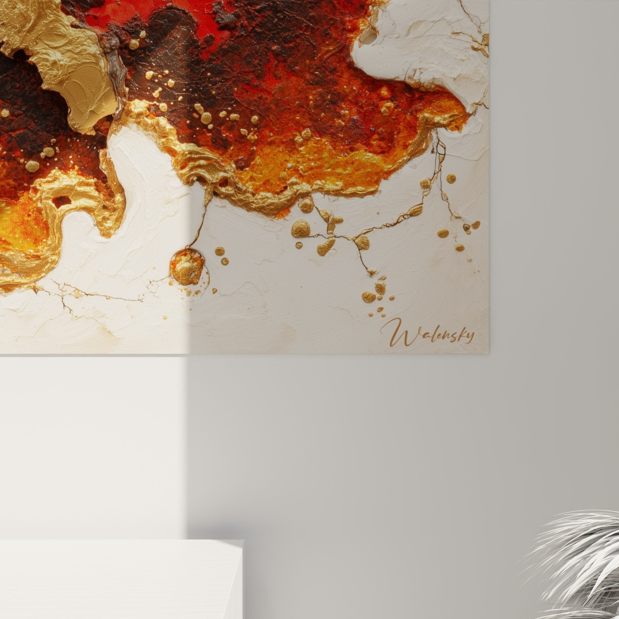 Overall view abstract painting fire colors red orange gold wall decoration feng shui south