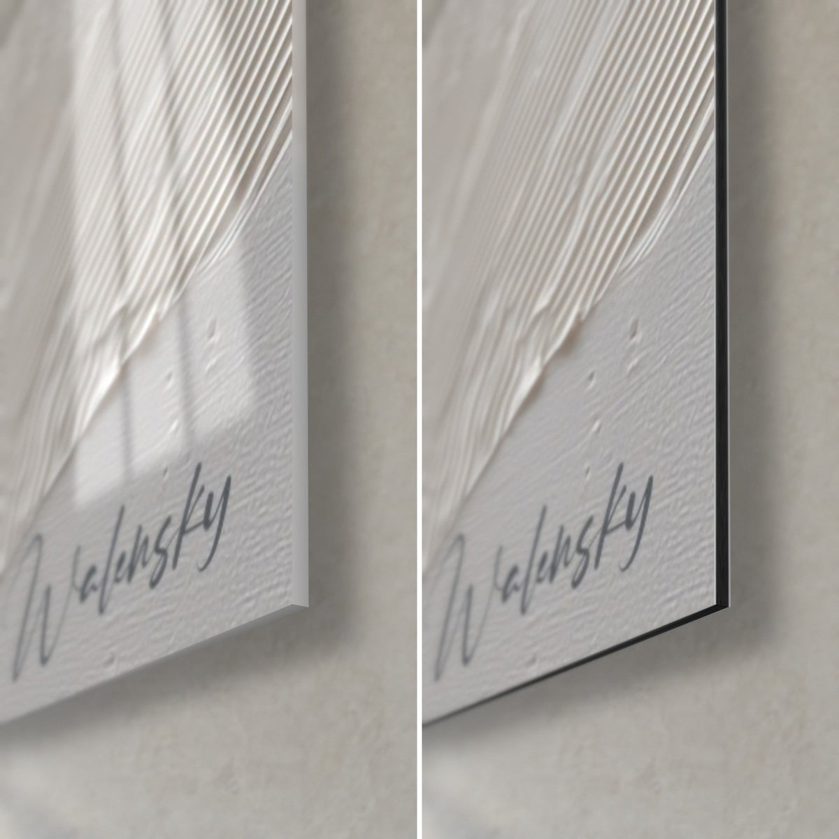 Wall art with ivory and matte black paint flows, bottom right corner: glossy acrylic glass on the left, matte white Dibond aluminium on the right, 3 mm edge