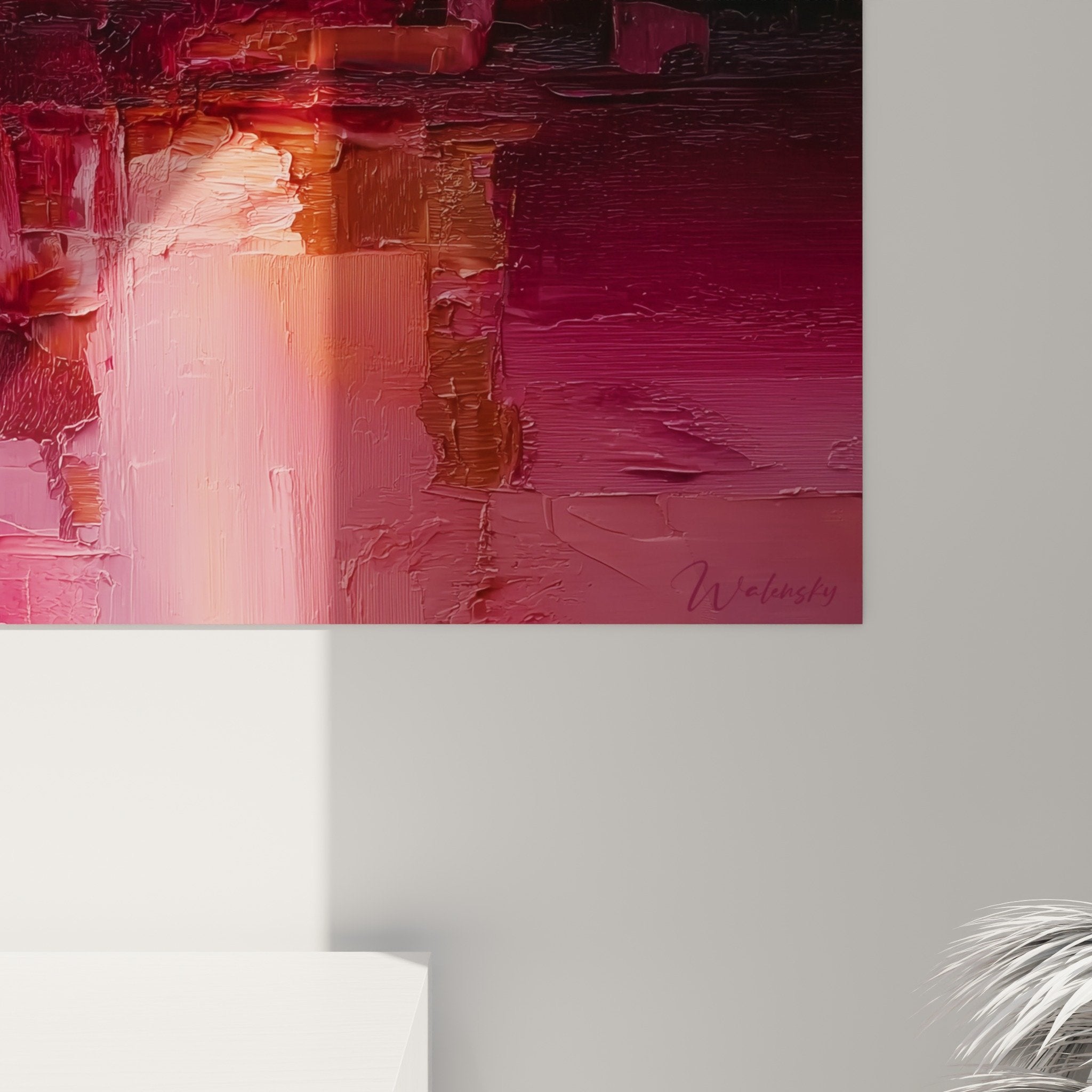 Full view abstract pink burgundy painting, modern wall art interior decoration