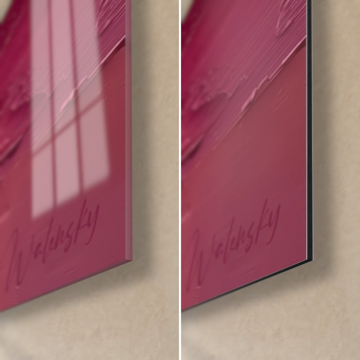 Schilderij compositie in magenta en bordeaux, rechtsonder: glanzend acrylglas dat het raam weerspiegelt, mat Dibond-aluminium, rand van 3 mm