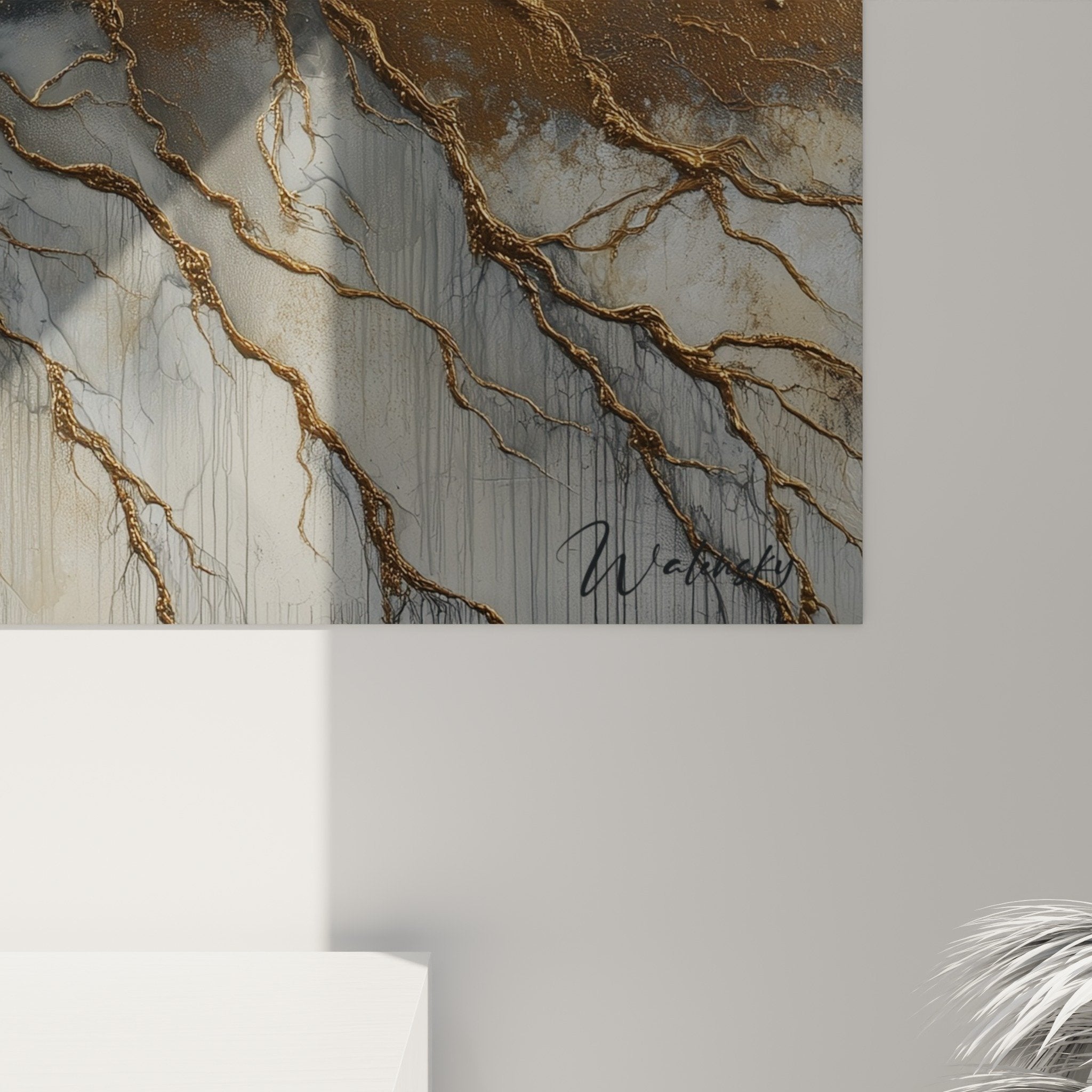 vue ensemble tableau abstrait dore gris style geologique feng shui harmonie minerale