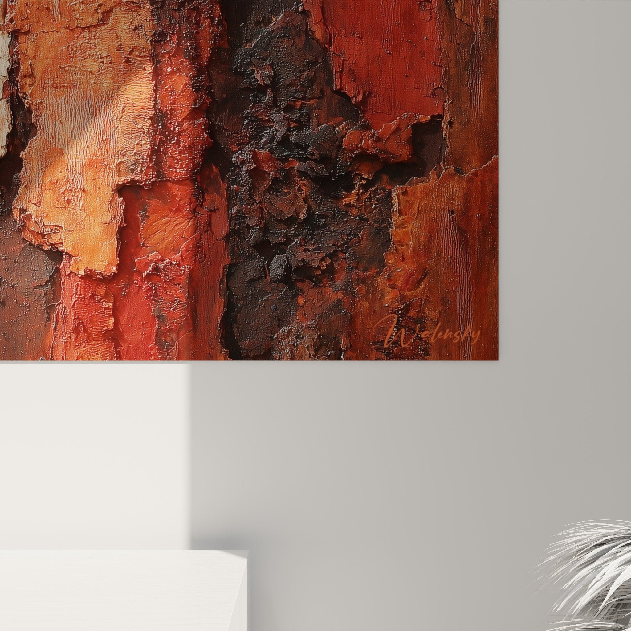 Vue ensemble tableau abstrait terracotta feng shui centre terre mural
