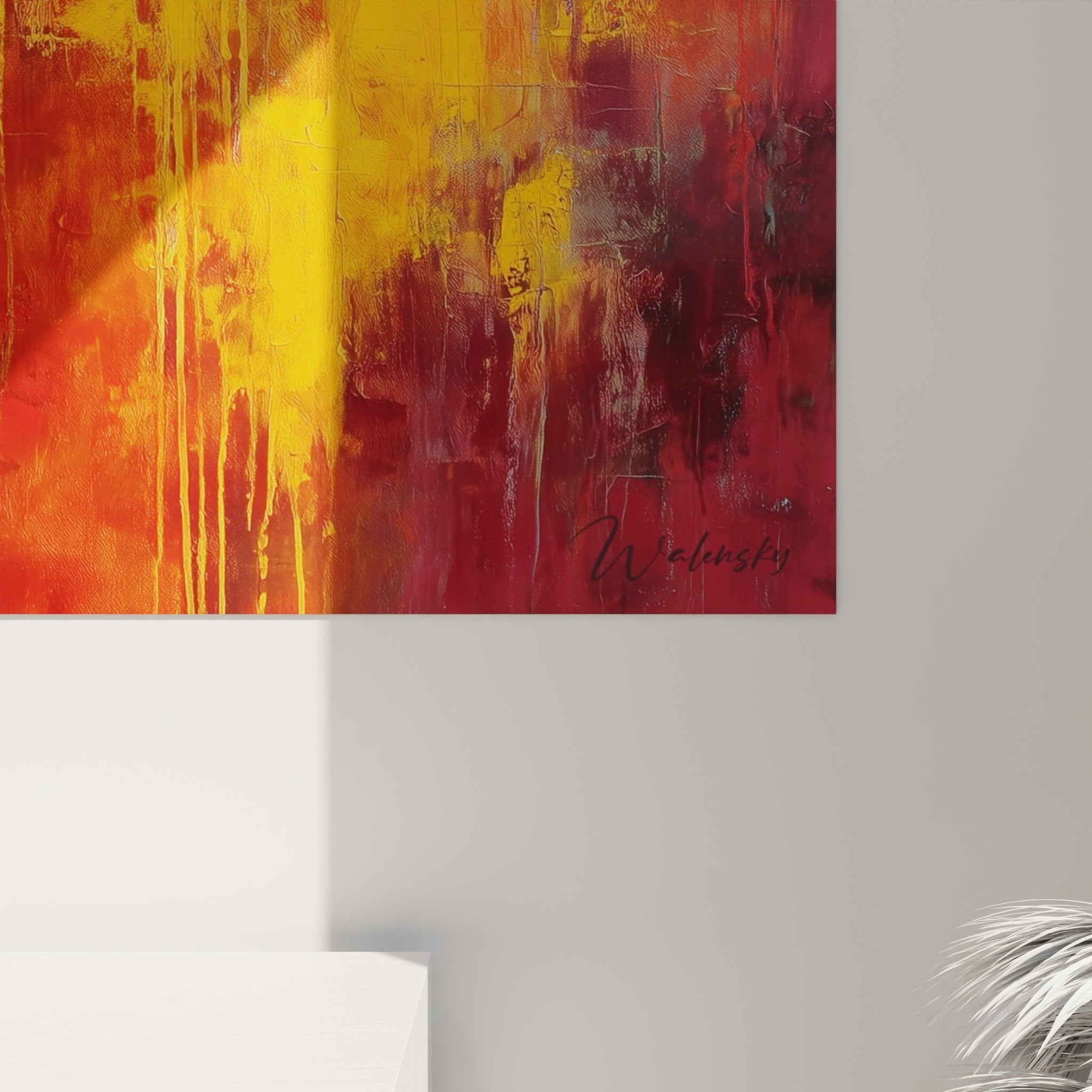 Vue ensemble tableau abstrait rouge dore flammes feng shui sud feu decoration interieur