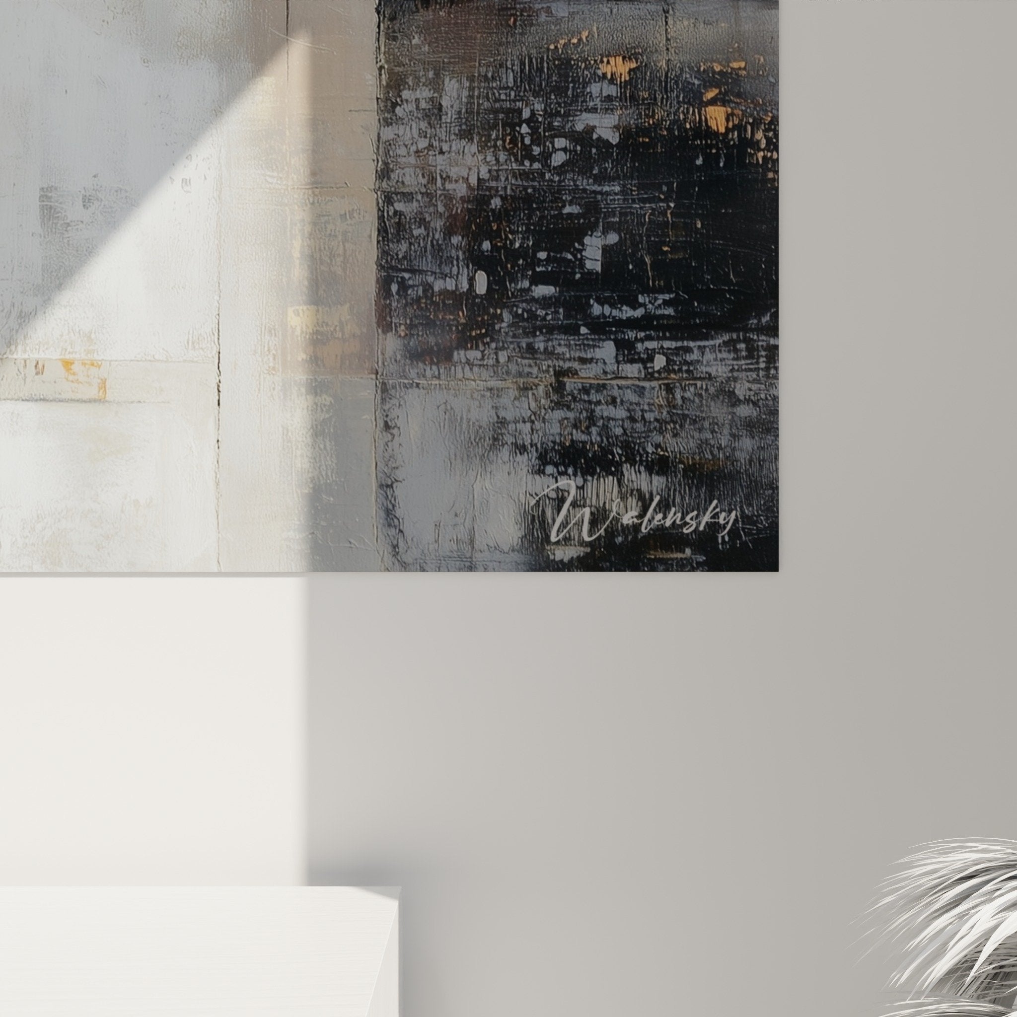 Vue perspective tableau abstrait geometrique beige gris blanc touches metalliques decoration feng shui ouest metal