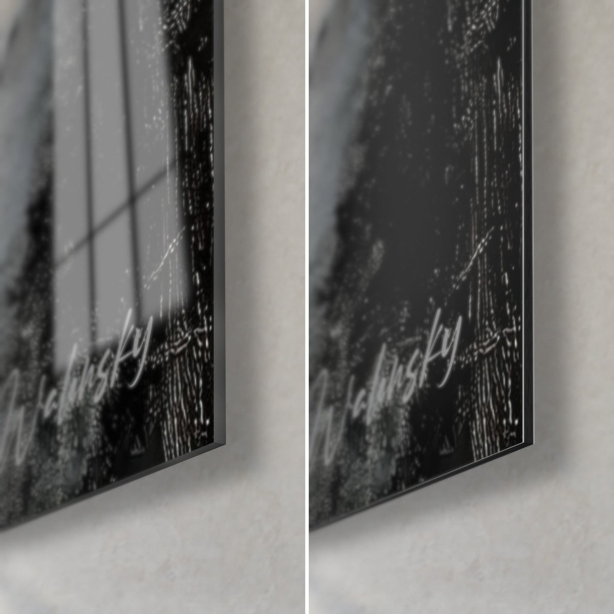 Quadro texture grigia a righe, firma Walensky argentata, angolo in basso a destra: vetro lucido a sinistra, Dibond nero opaco a destra