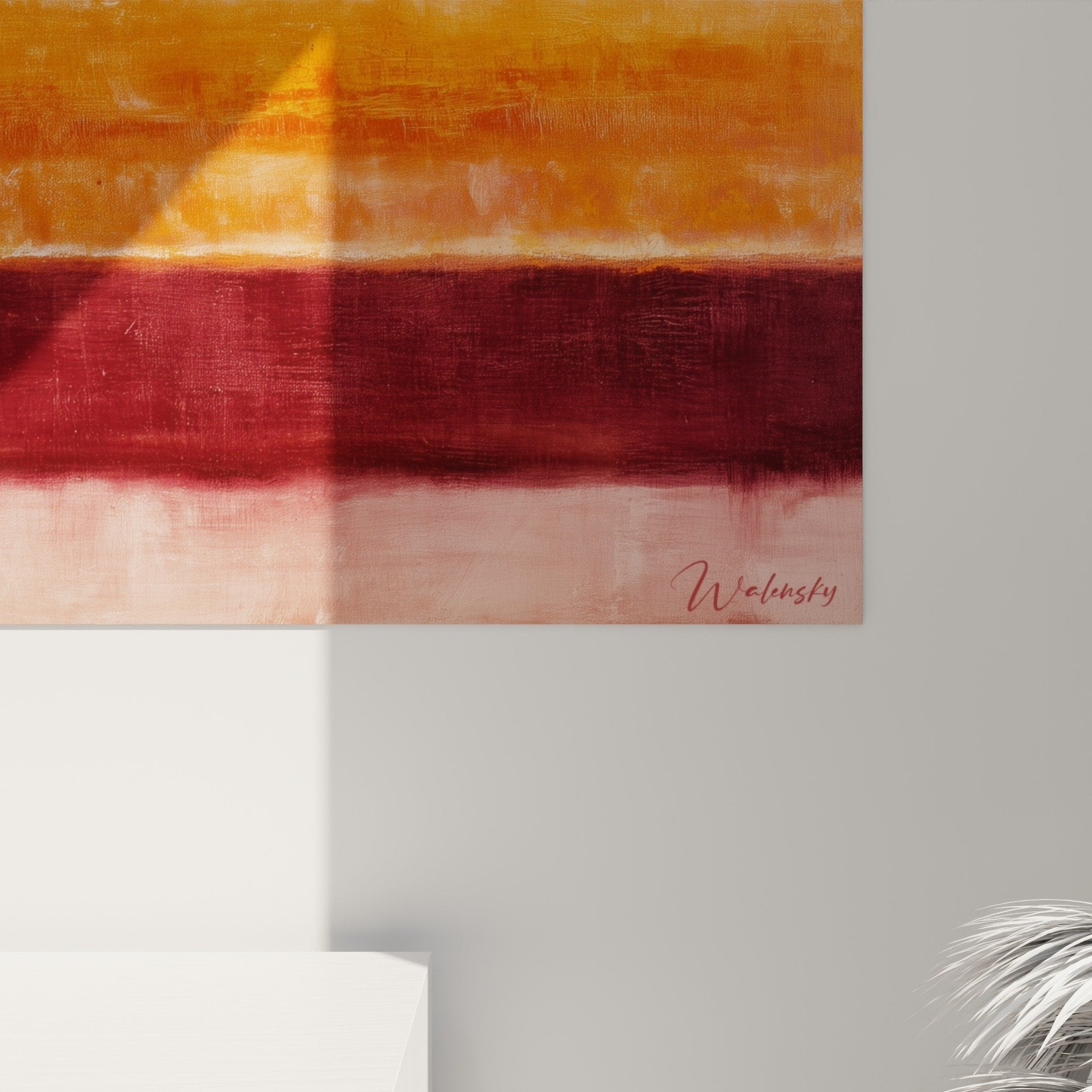 Vue ensemble tableau abstrait bandes horizontales terre decoration salon feng shui sud ouest