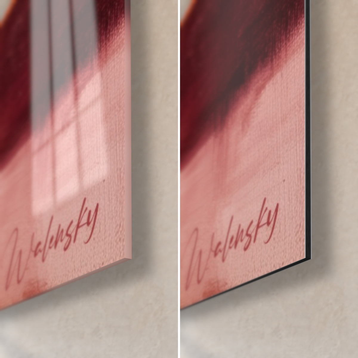 Wall art horizontal stripes in pink and burgundy, bottom right corner: glossy acrylic glass on the left, matte black Dibond on the right