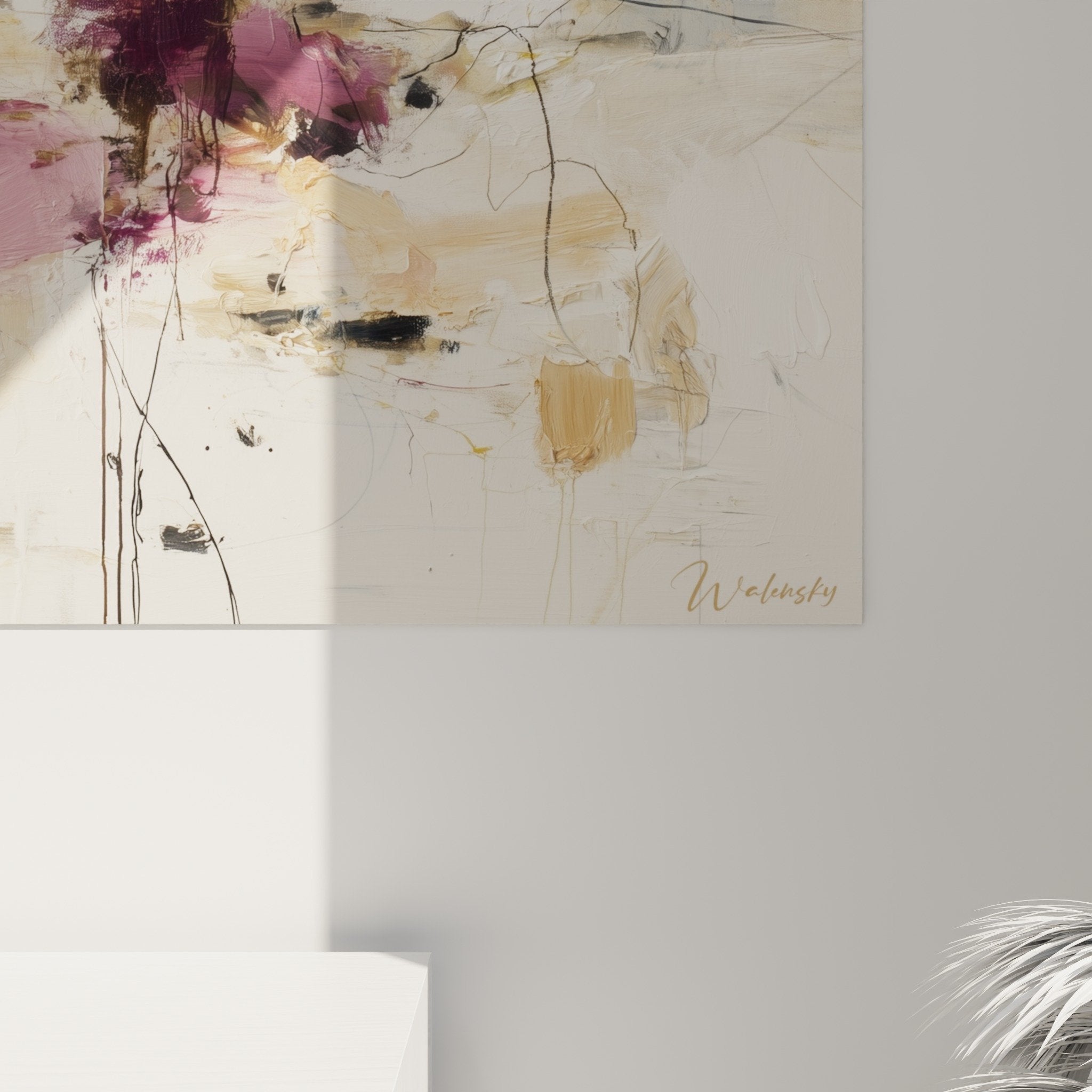 Overall view abstract yellow purple beige painting interior decoration feng shui southeast wood