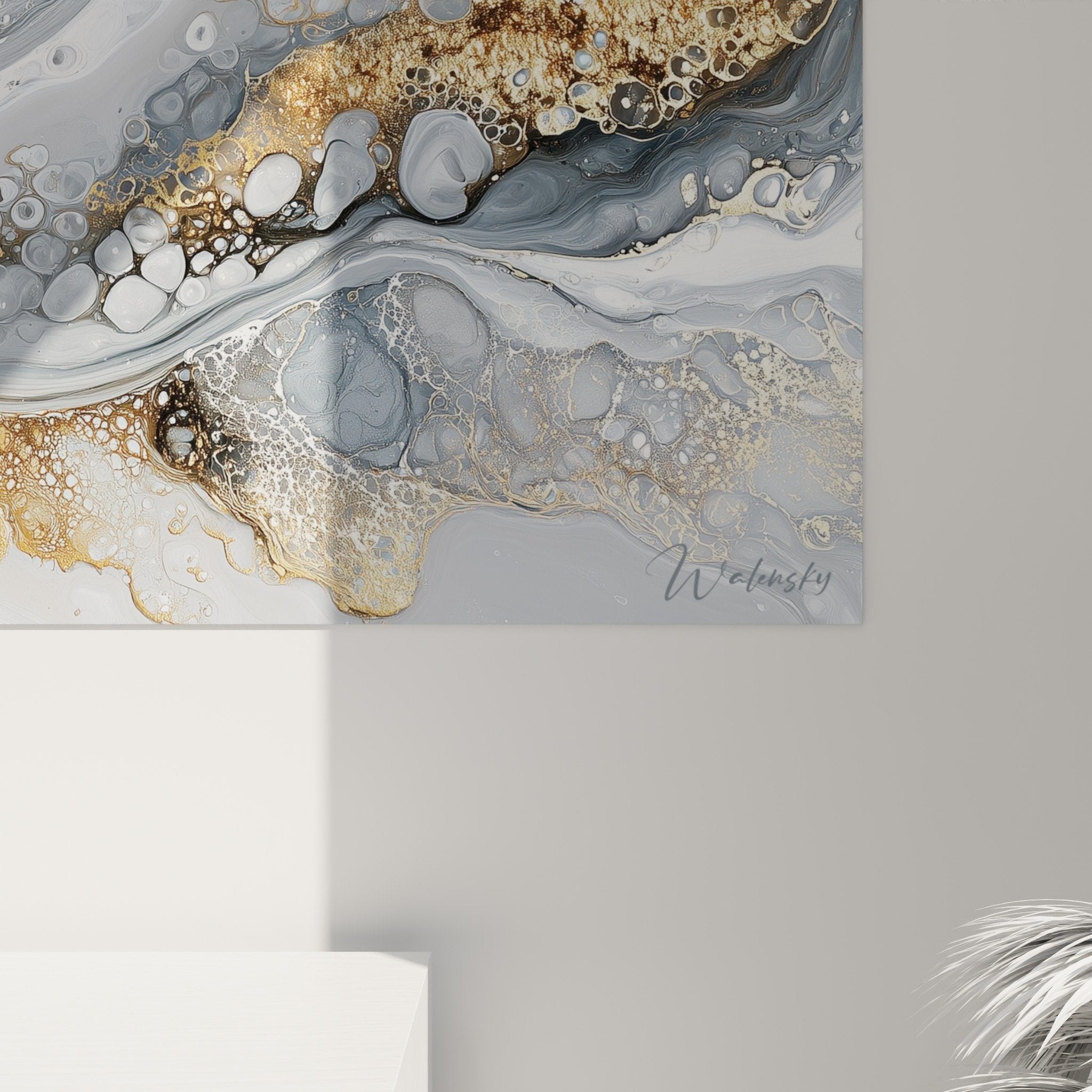 abstract fluid artwork metal gray gold wall art modern mural decor