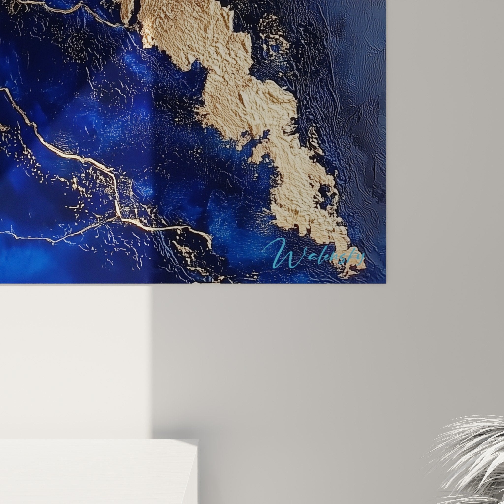 Abstract blue and gold painting with golden veins feng shui north water wall decoration