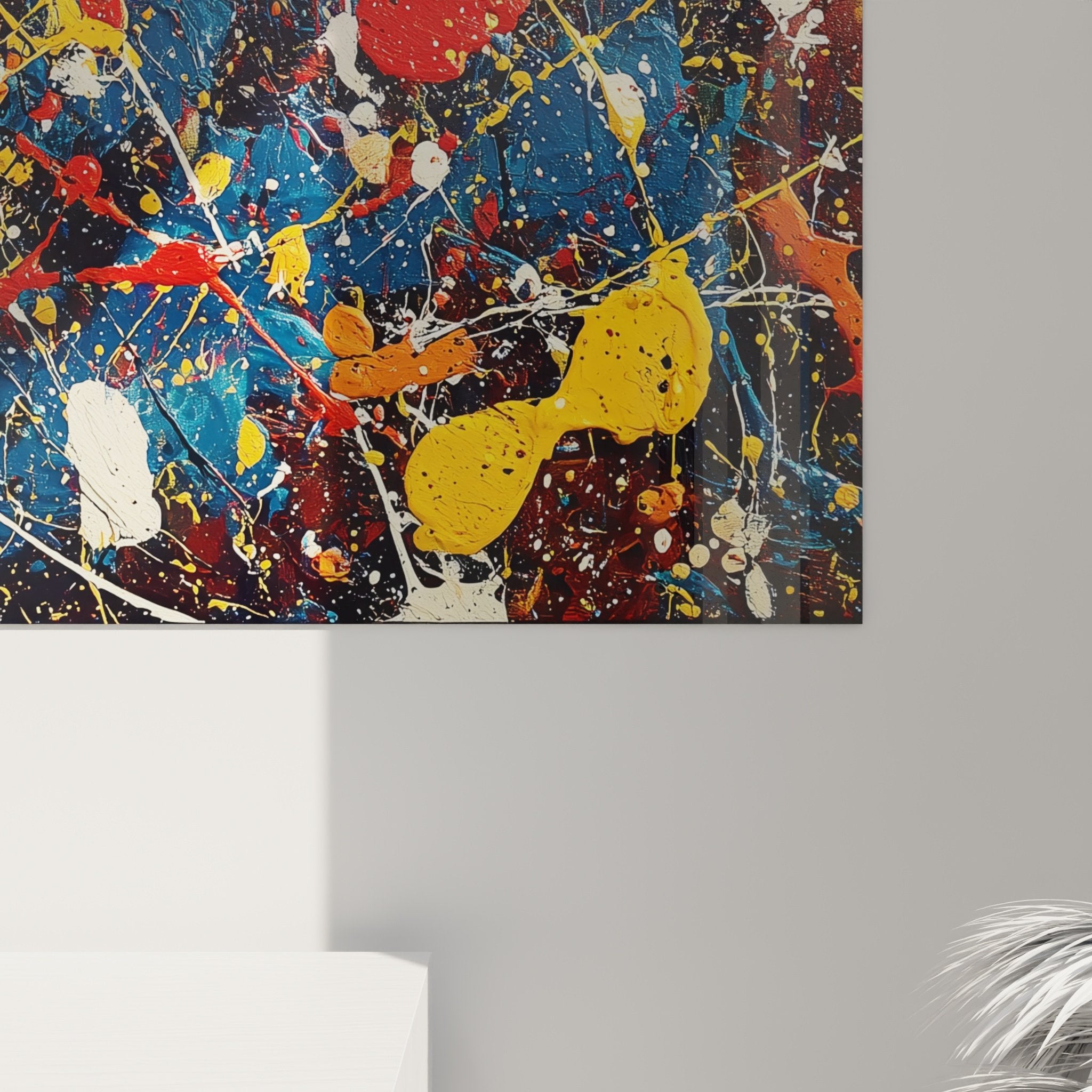 vue ensemble tableau abstrait eclaboussures multicolores jaune bleu rouge decoration murale moderne