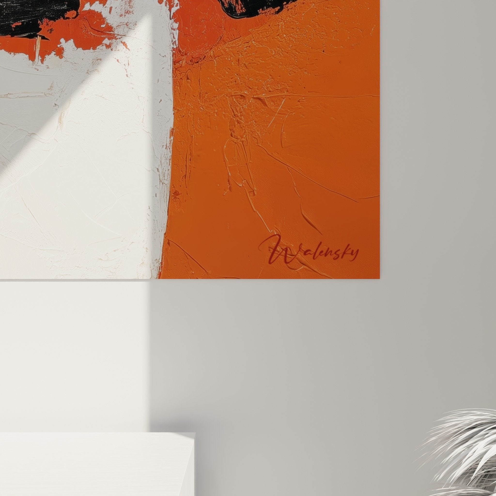 Vue ensemble tableau abstrait orange blanc formes circulaires noires feng shui sud feu deco