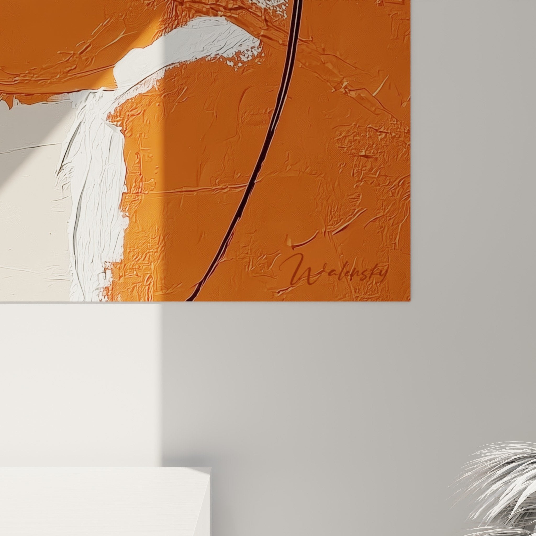 Vue ensemble tableau abstrait orange blanc lignes noires decoration feng shui sud feu