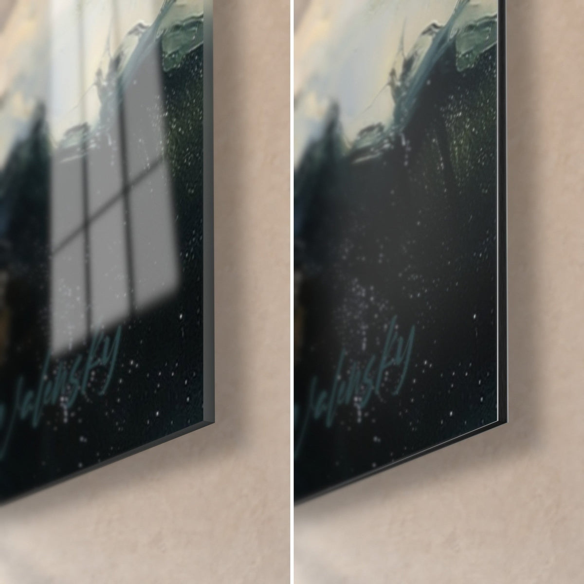 Schilderij gesmolten berg, rechtsonder: oranje en zwarte impasto, weerspiegelingen op het glanzende glas, matte rand van 3 mm Dibond