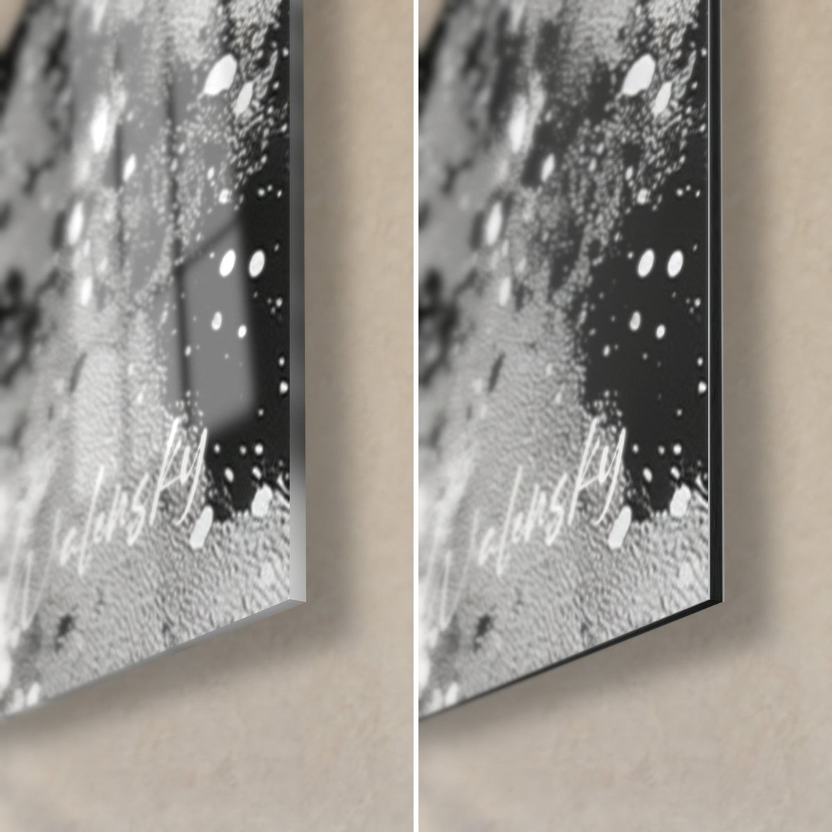 Gemälde in Schwarz und Cremeweiß, untere rechte Ecke: glänzendes Acrylglas links, mattes Alu-Dibond rechts, 3 mm Kante