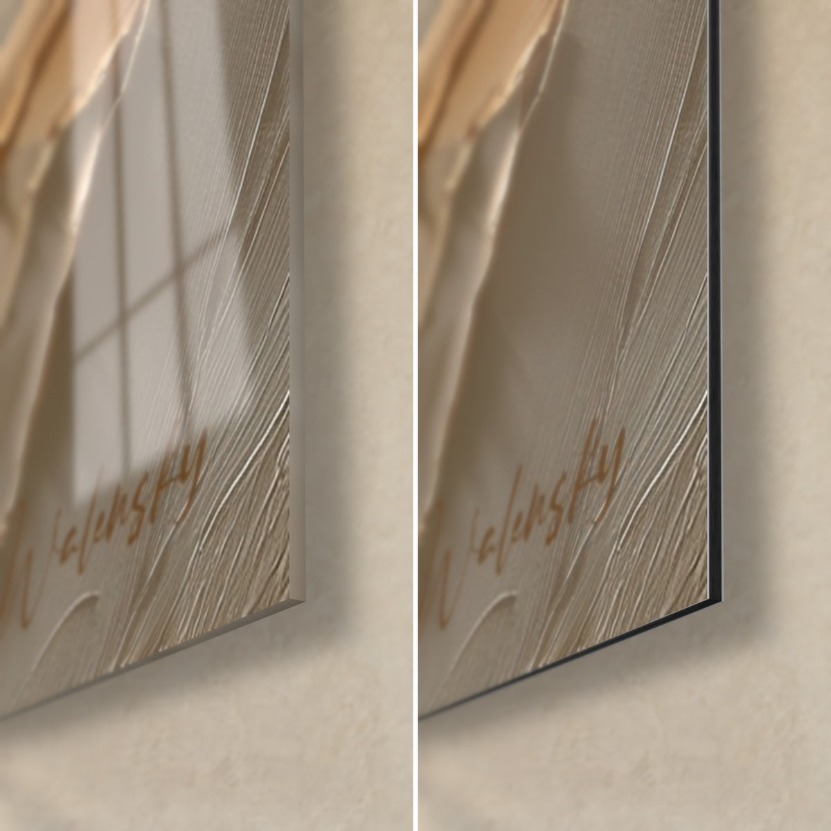 Quadro impasti scolpiti in beige e marrone, angolo in basso a destra: vetro acrilico lucido a sinistra, Dibond opaco a destra, spessore 3 mm