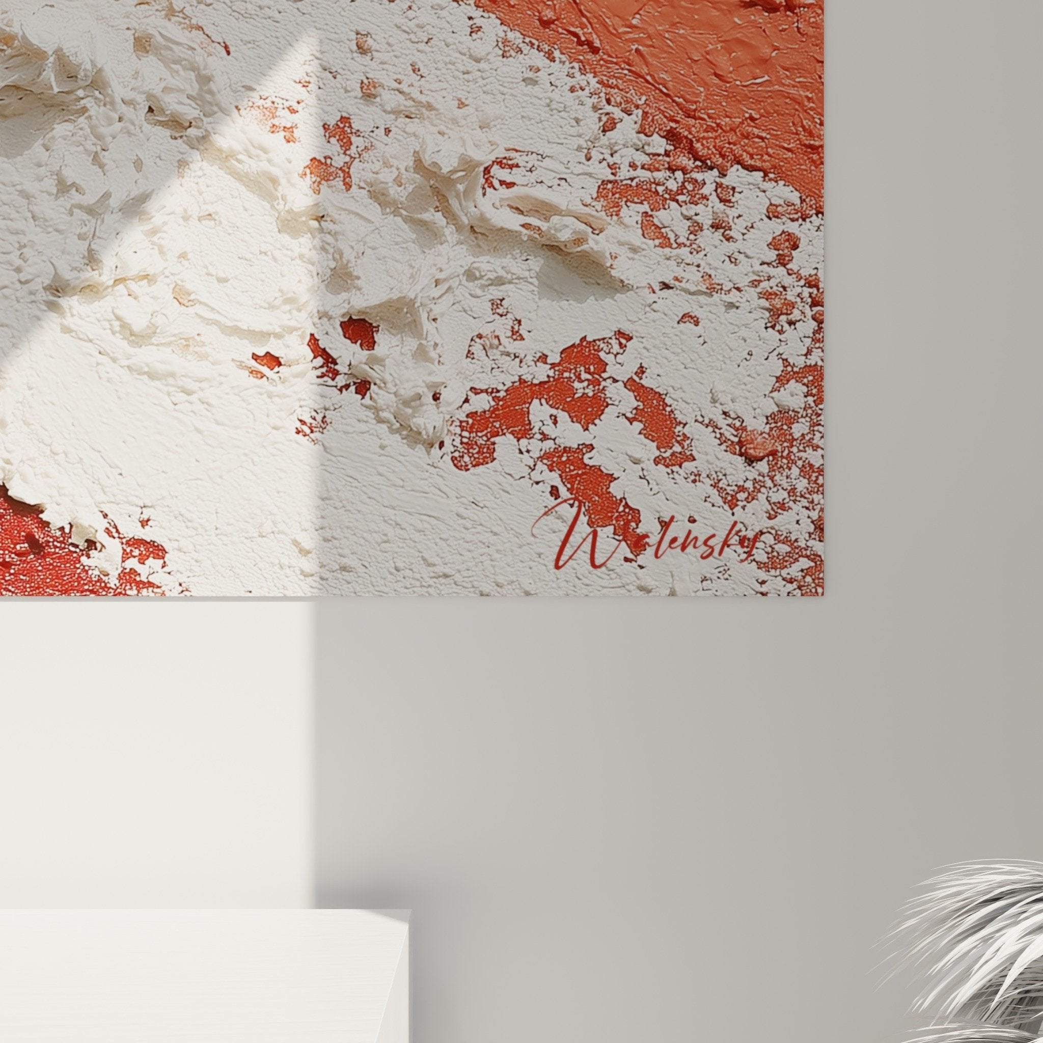 Vue ensemble tableau abstrait rouge blanc diagonal, composition bicolore moderne, decoration murale feng shui