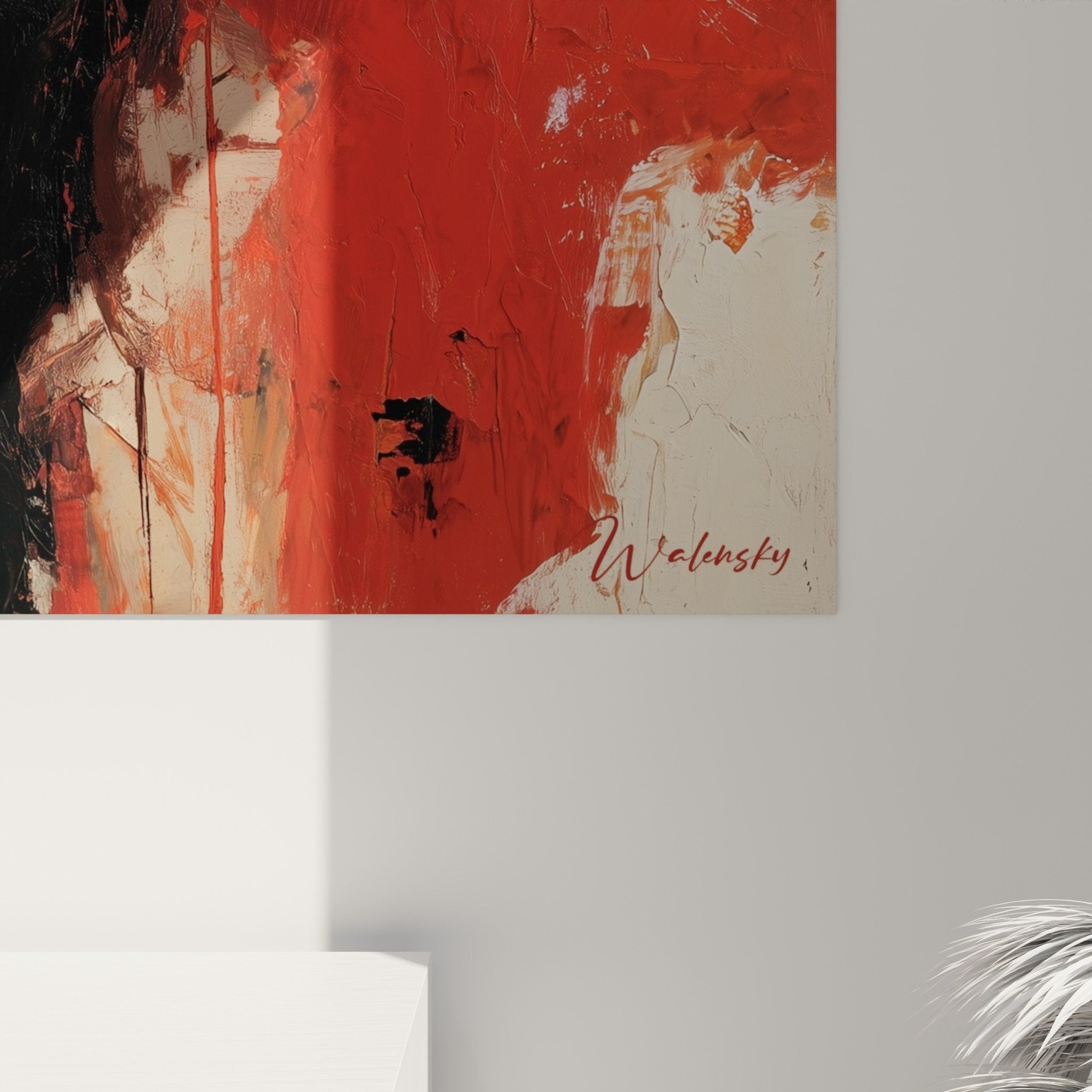 Abstract red black beige expressionist composition contemporary art wall painting overview