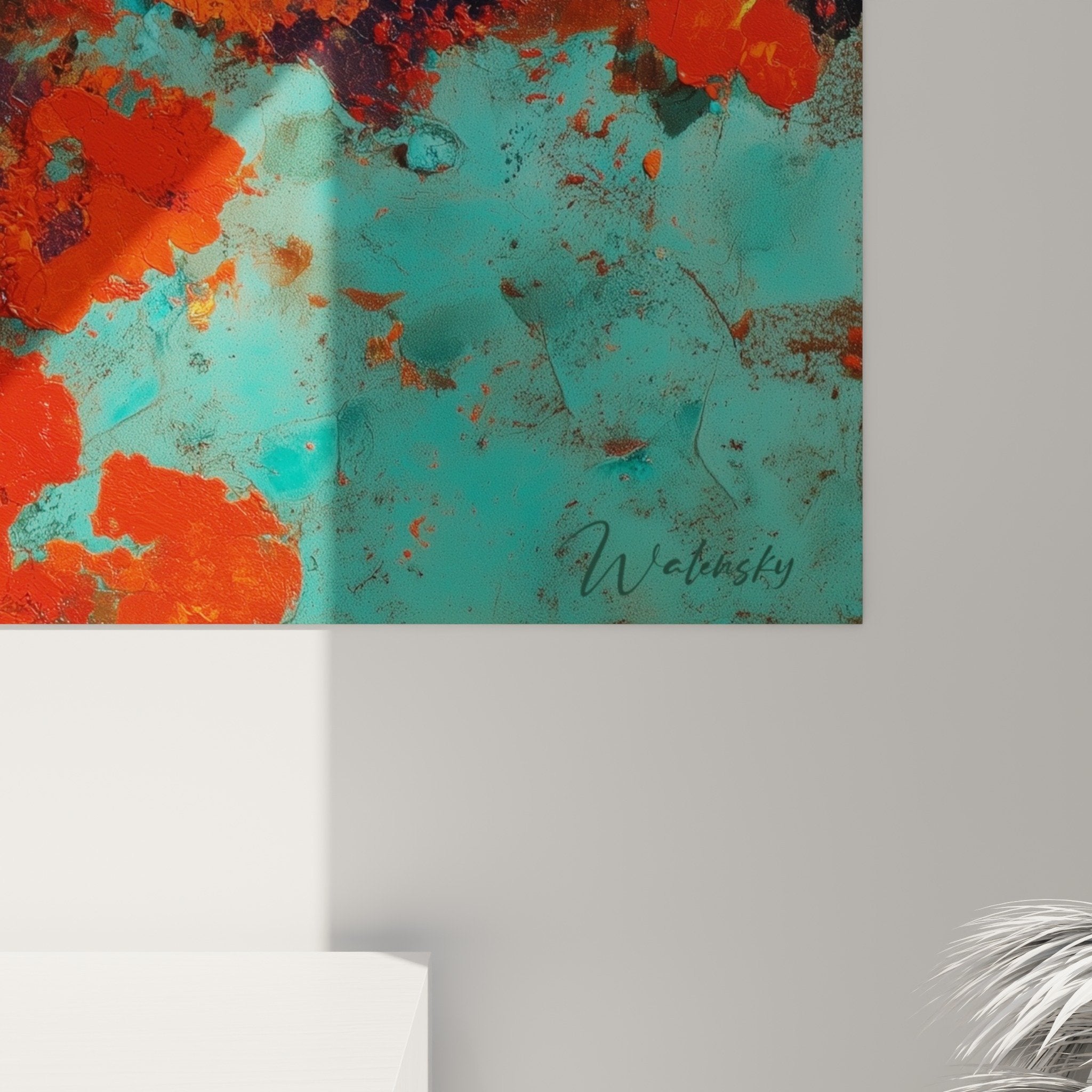 Vue ensemble tableau abstrait rouge orange turquoise decoration interieur moderne