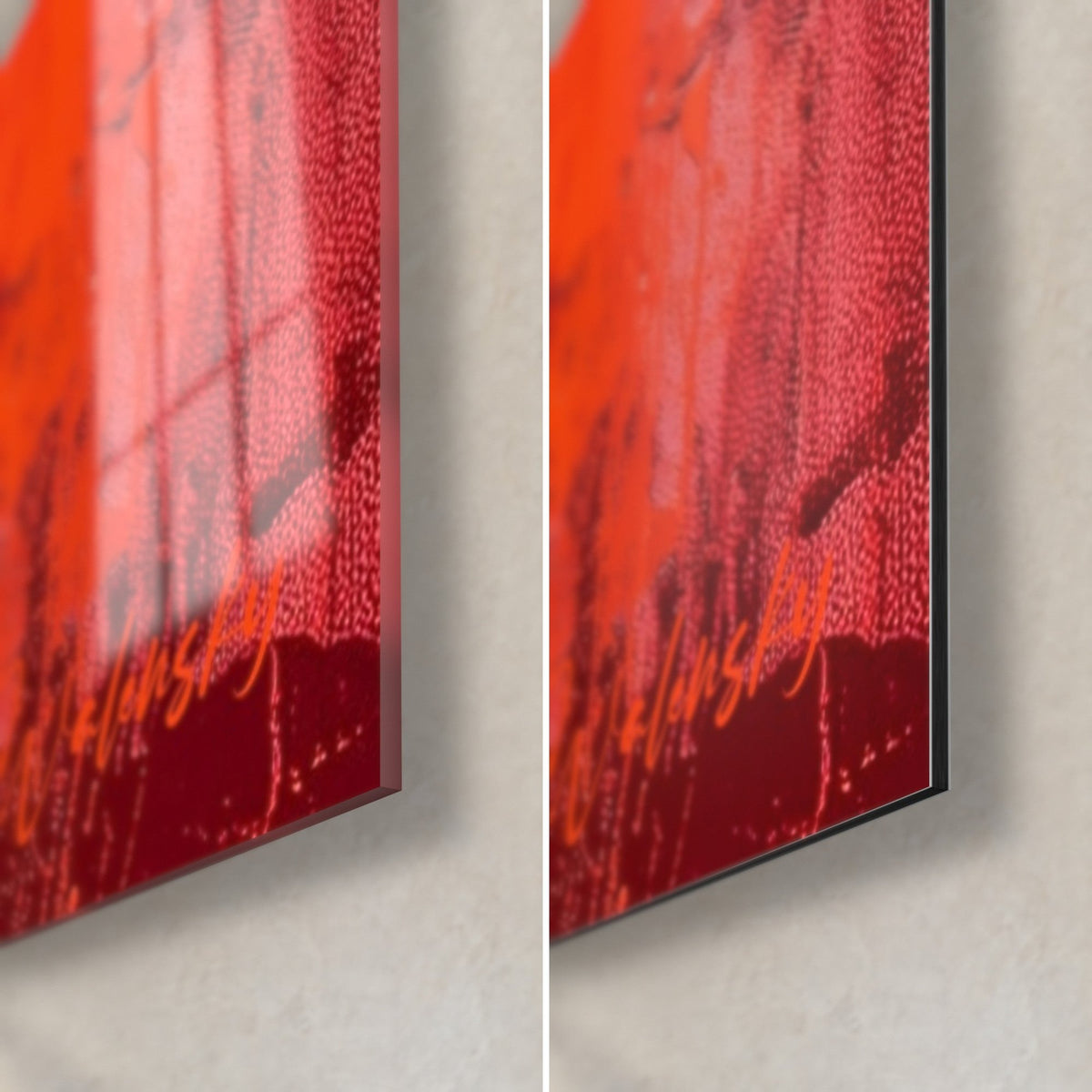 Gemälde Farbexplosion in Rot und Orange, untere rechte Ecke, auf glänzendem Acrylglas und mattem Dibond-Alu, 3 mm Stärke