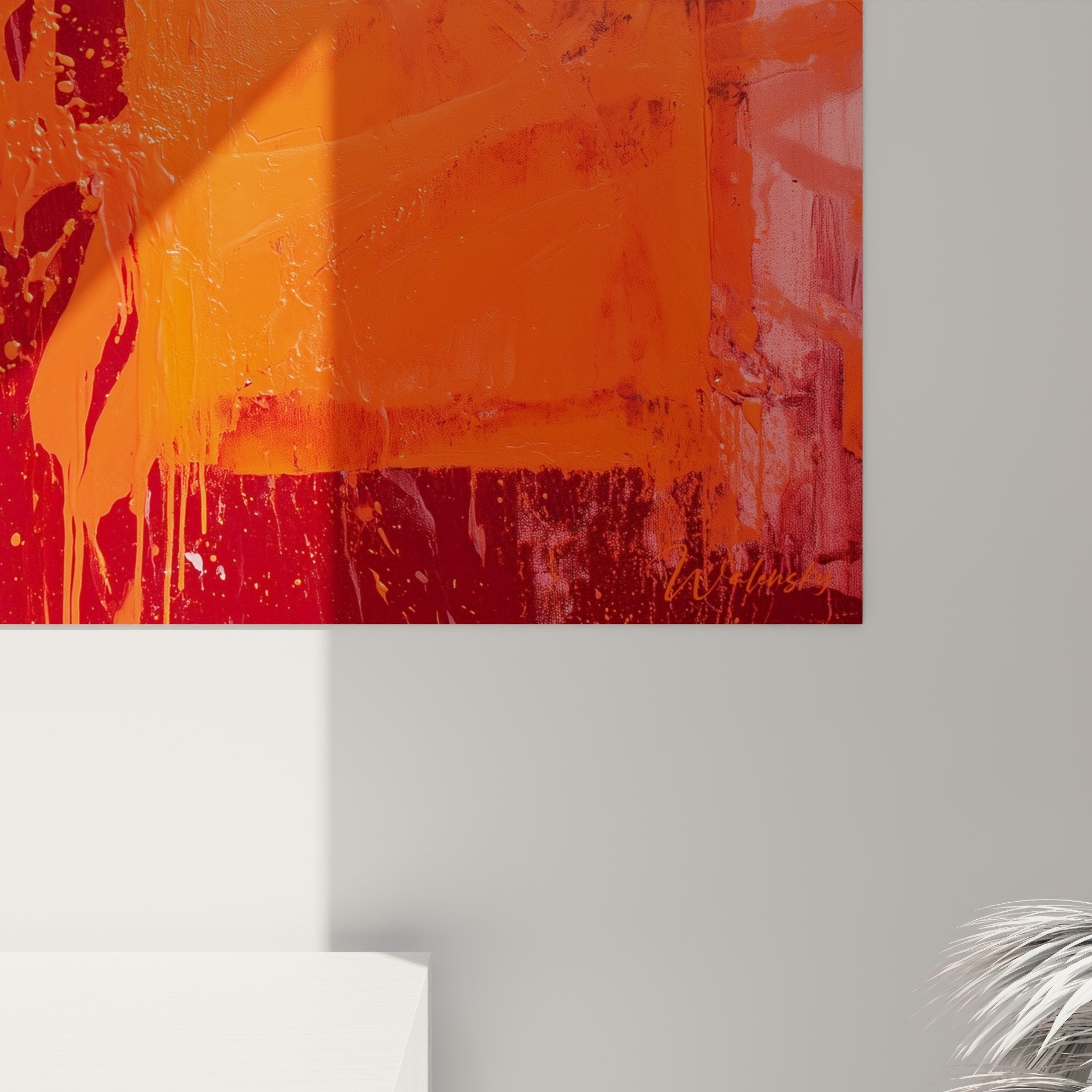 Vue ensemble tableau abstrait rouge orange salon decoration murale feng shui sud feu perspective