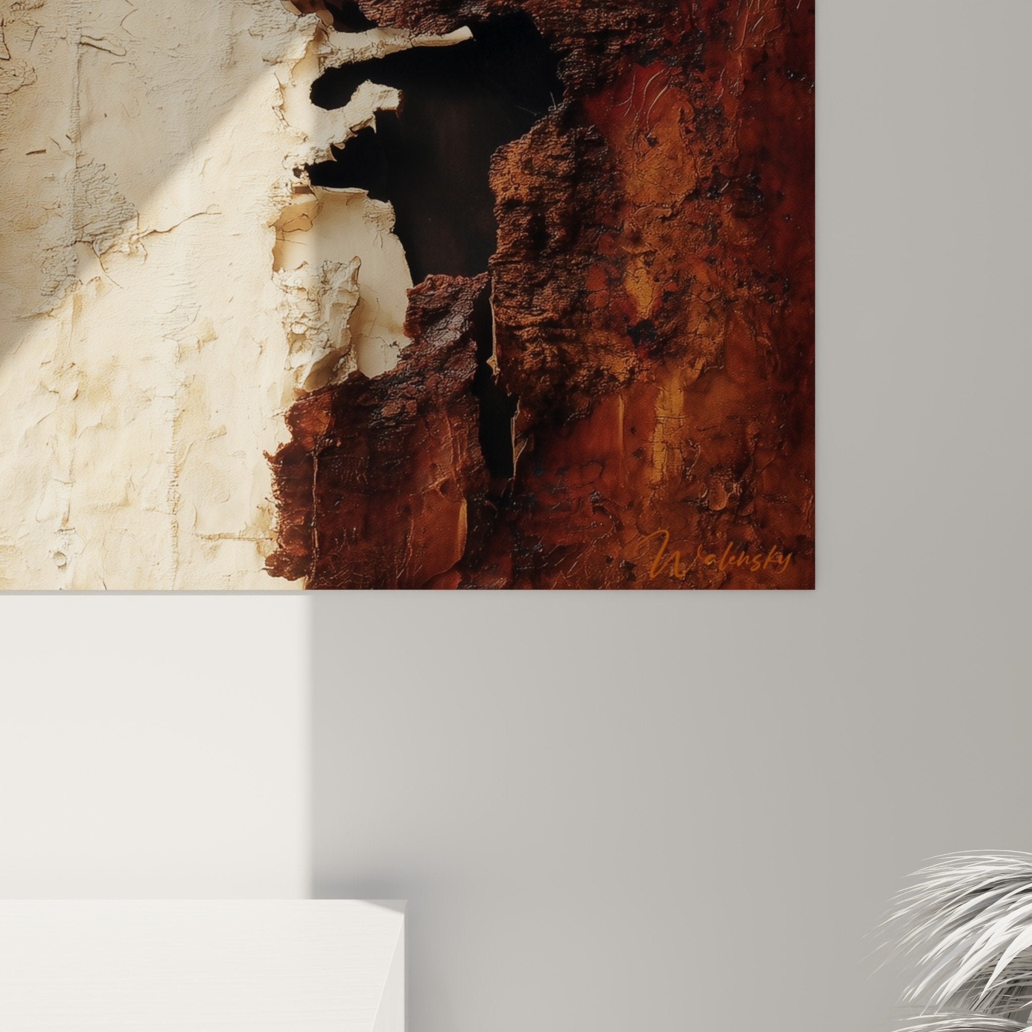 Vue ensemble tableau abstrait tons ocre rouille salon moderne decoration murale feng shui centre terre ambiance zen