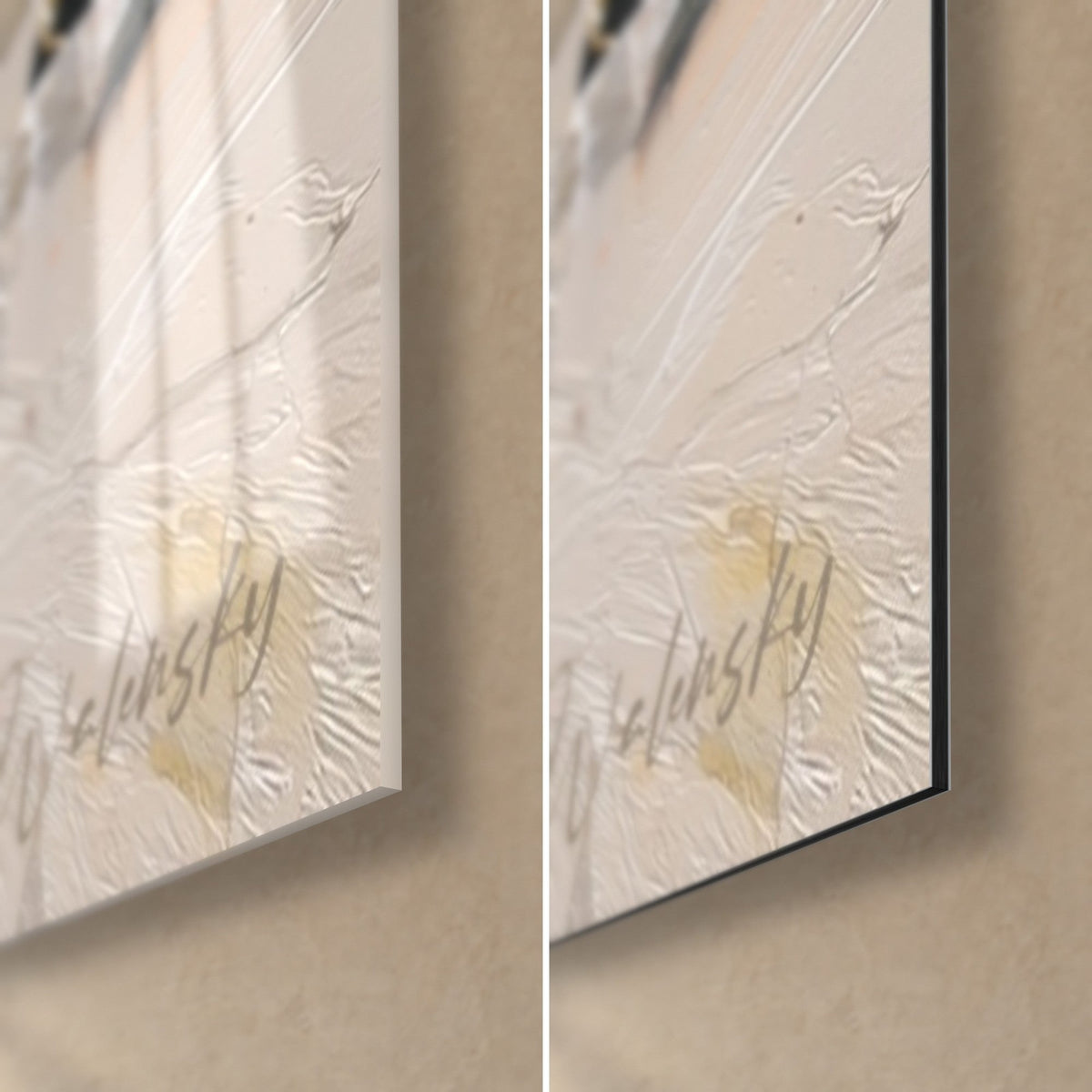 Gemälde: Impasto in Gelb und Zinnoberrot, untere rechte Ecke: glänzendes Acrylglas mit Spiegelung, mattschwarzes Dibond, 3 mm Kante