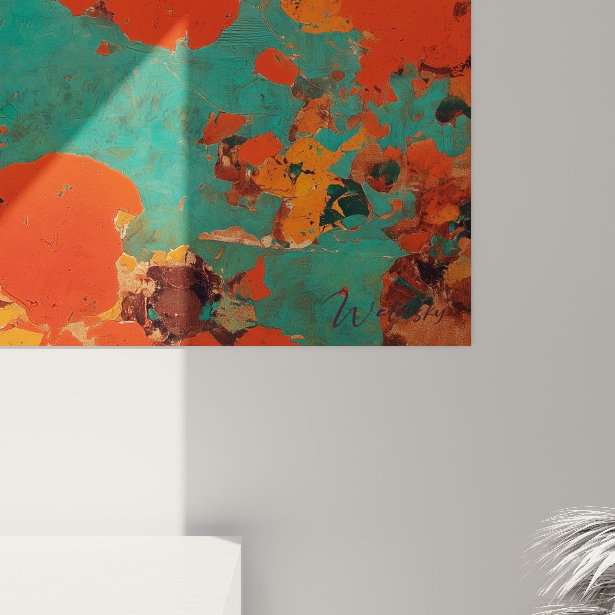 Gesamtansicht abstraktes Gemälde rot orange Wohnzimmer Innendekoration modernes Feng-Shui Feuer