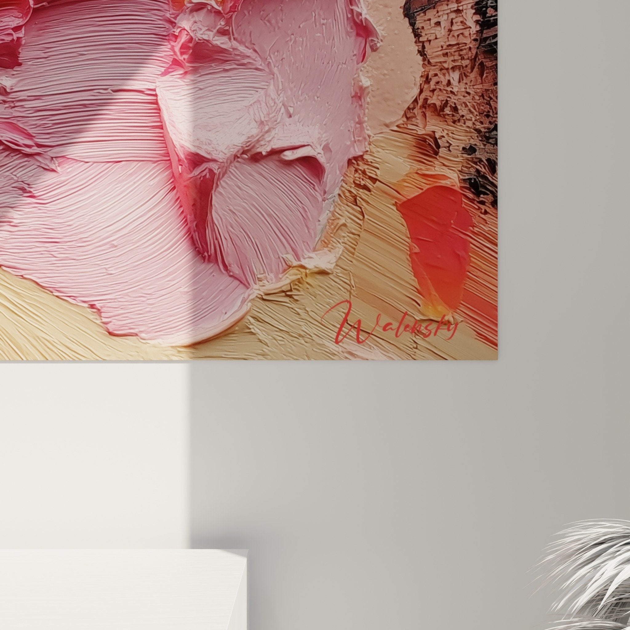Vue ensemble tableau abstrait jaune rose salon contemporain décoration murale feng shui