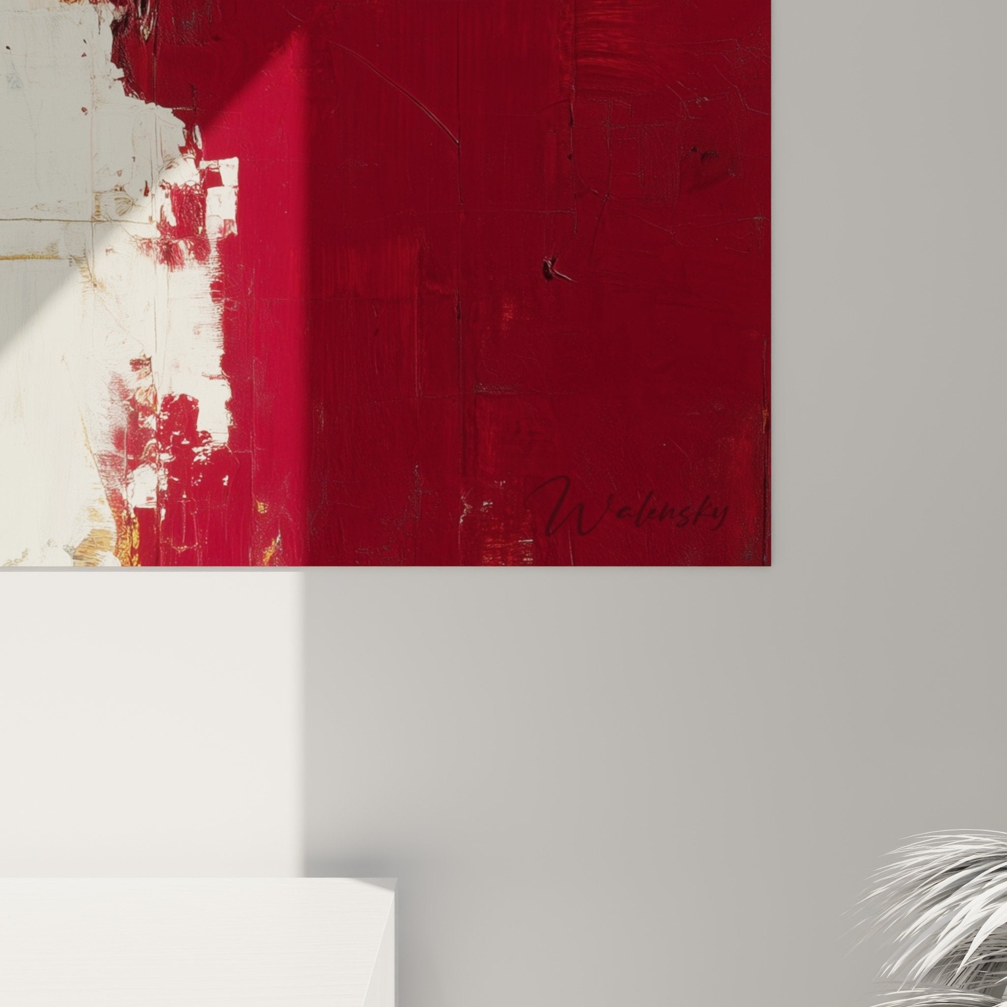 Vue ensemble tableau abstrait rouge beige salon moderne decoration murale feng shui contemporain