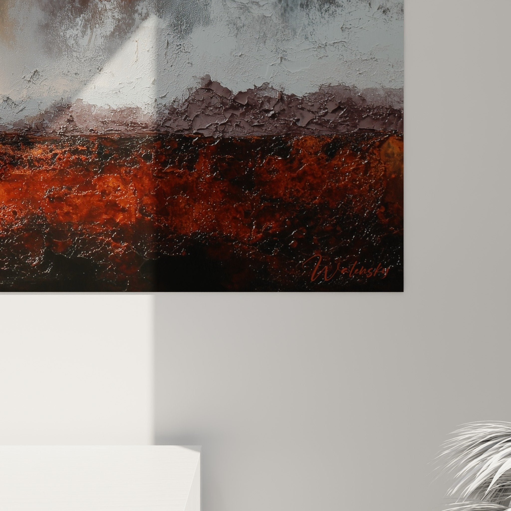 Vue ensemble tableau abstrait paysage terrestre orange rouille salon moderne decoration feng shui centre terre