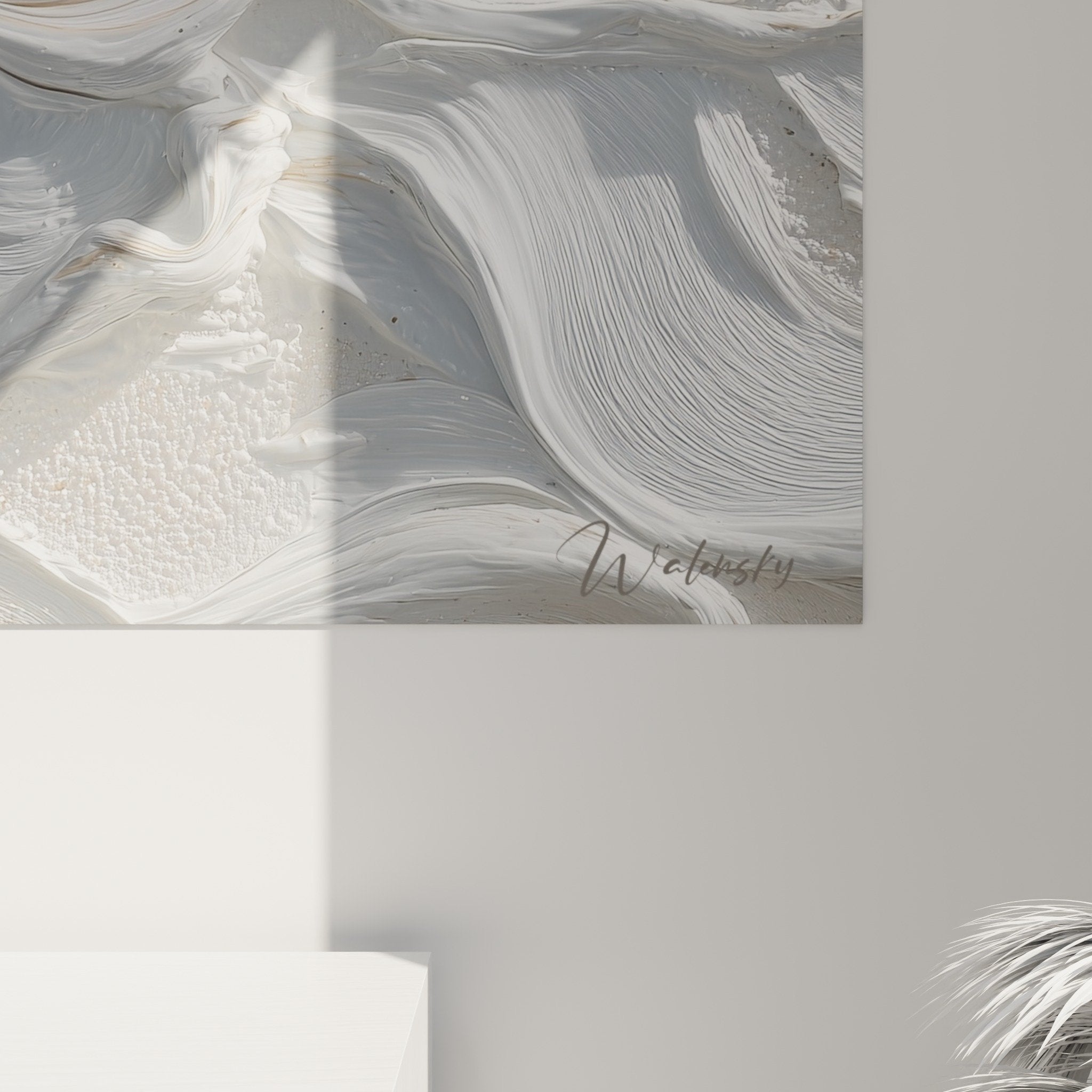 Vue ensemble tableau abstrait gris argenté spirales décoration murale feng shui métal contemporain