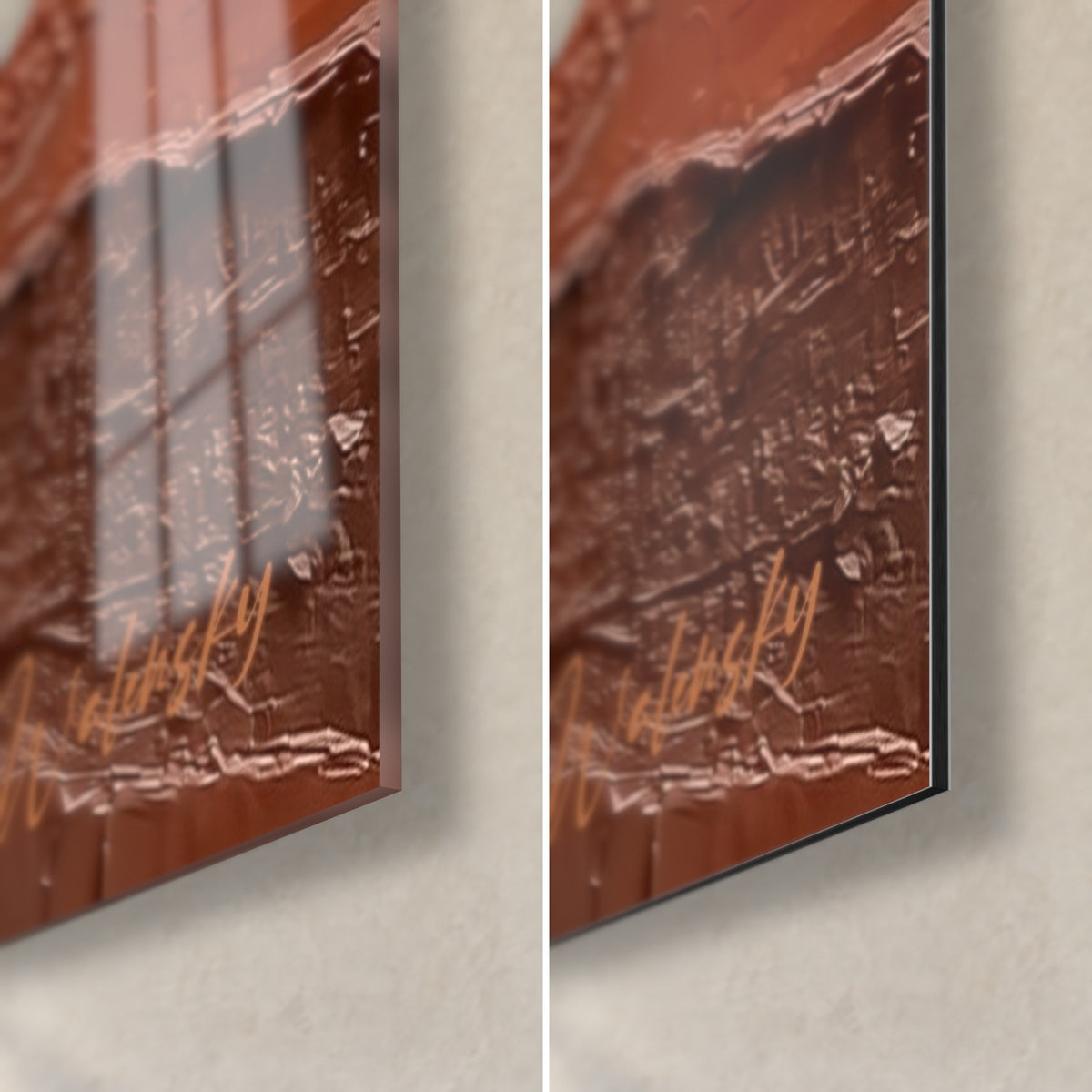 Wall art with raised ochre and chocolate brown drips, bottom right corner, glossy acrylic glass and matte Dibond aluminium, 3 mm thickness
