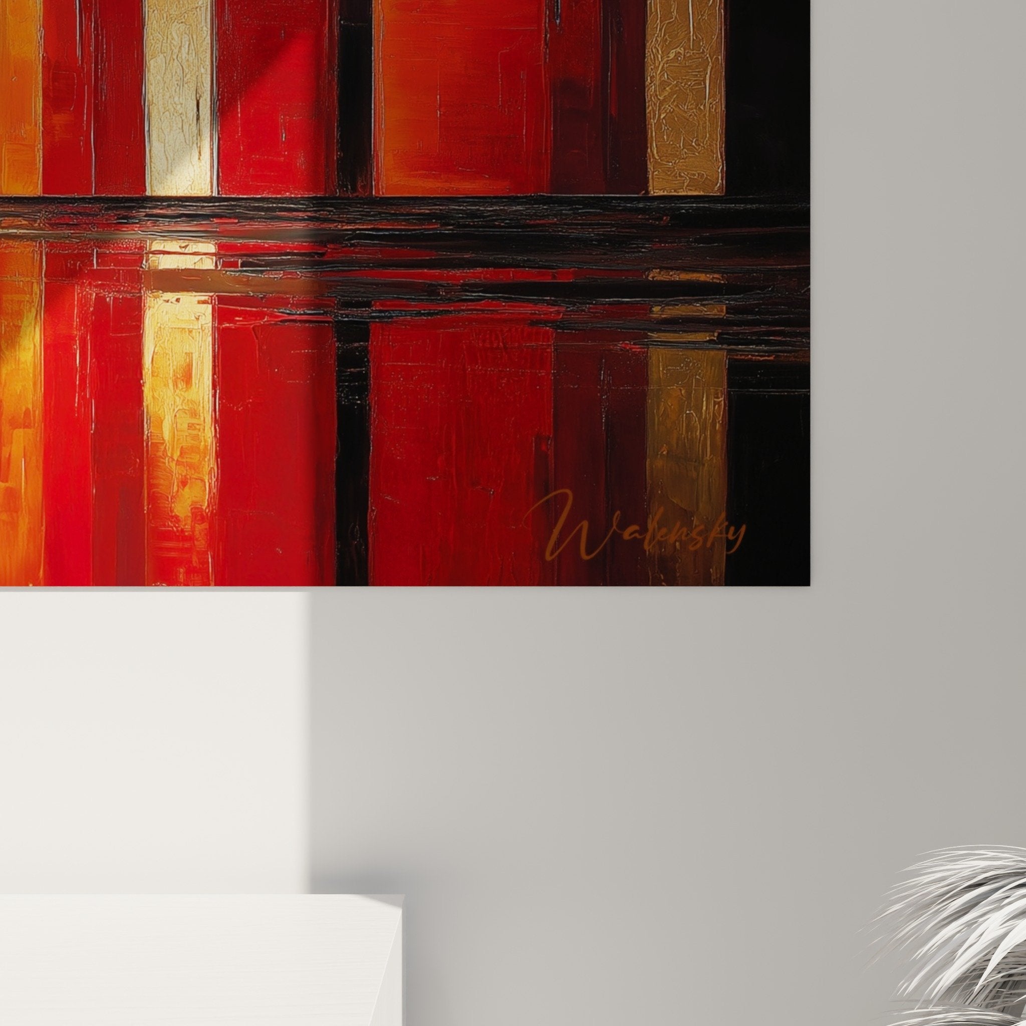 abstract urban painting red orange gold view interior decoration modern feng shui south fire element