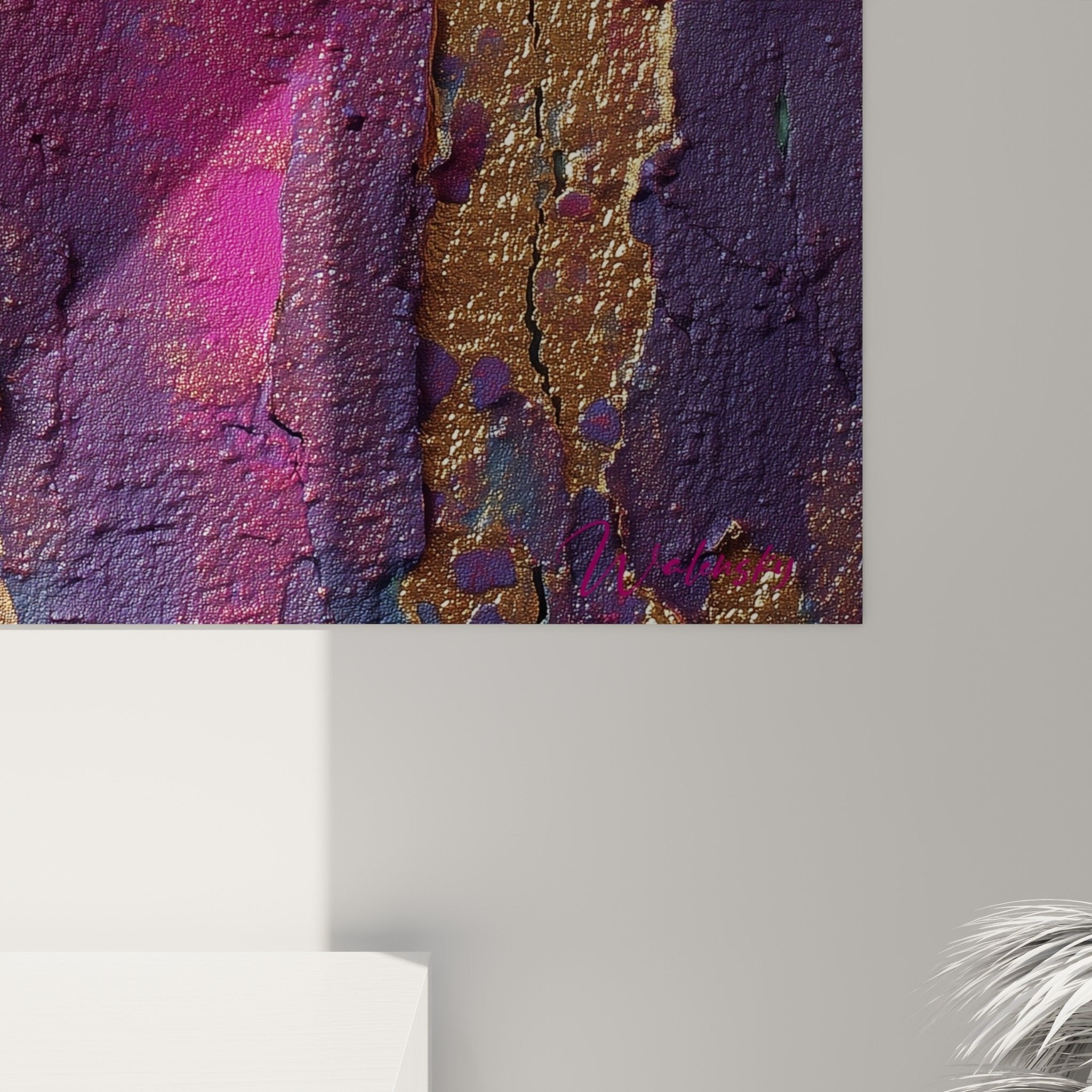Abstract purple turquoise gold textured scaled artwork feng shui southeast wood wall decor