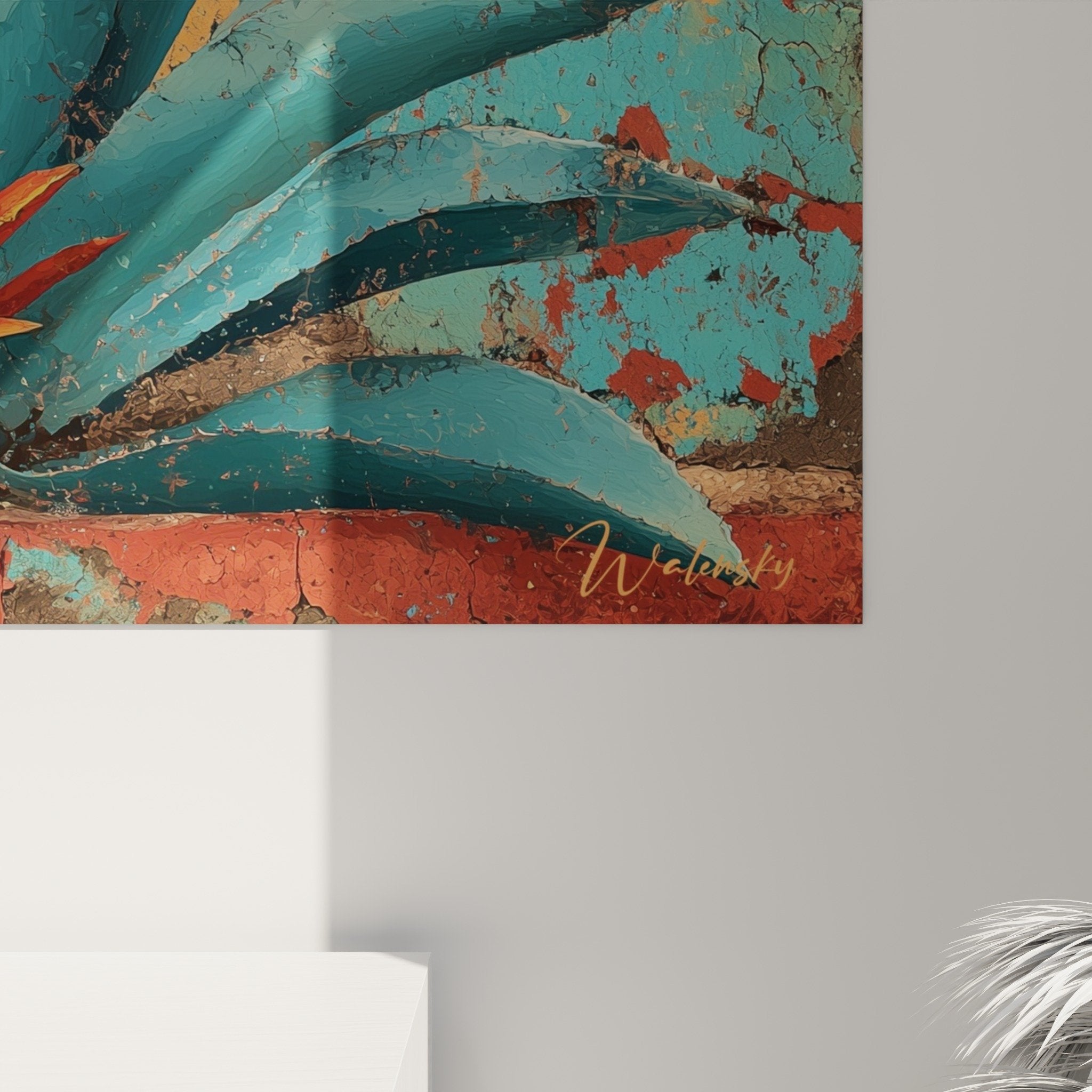 Vue ensemble tableau agave cubisme composition vegetale fond patine orange turquoise decoration