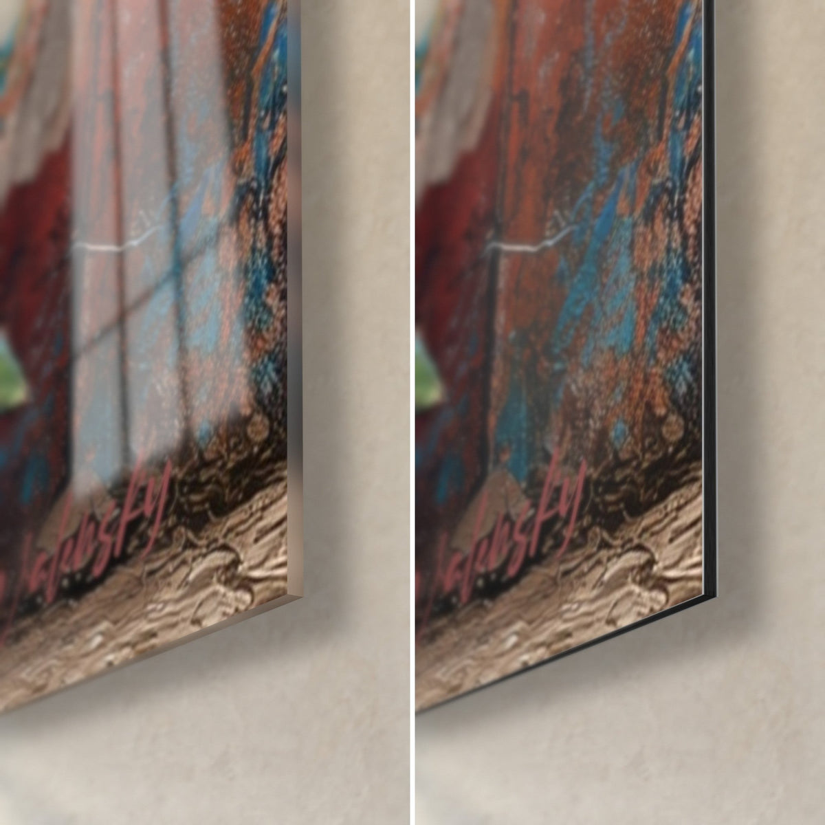 Tableau plantes succulentes bleutées, coin bas droit : verre acrylique brillant à gauche, alu Dibond mat à droite, tranche de 3 mm