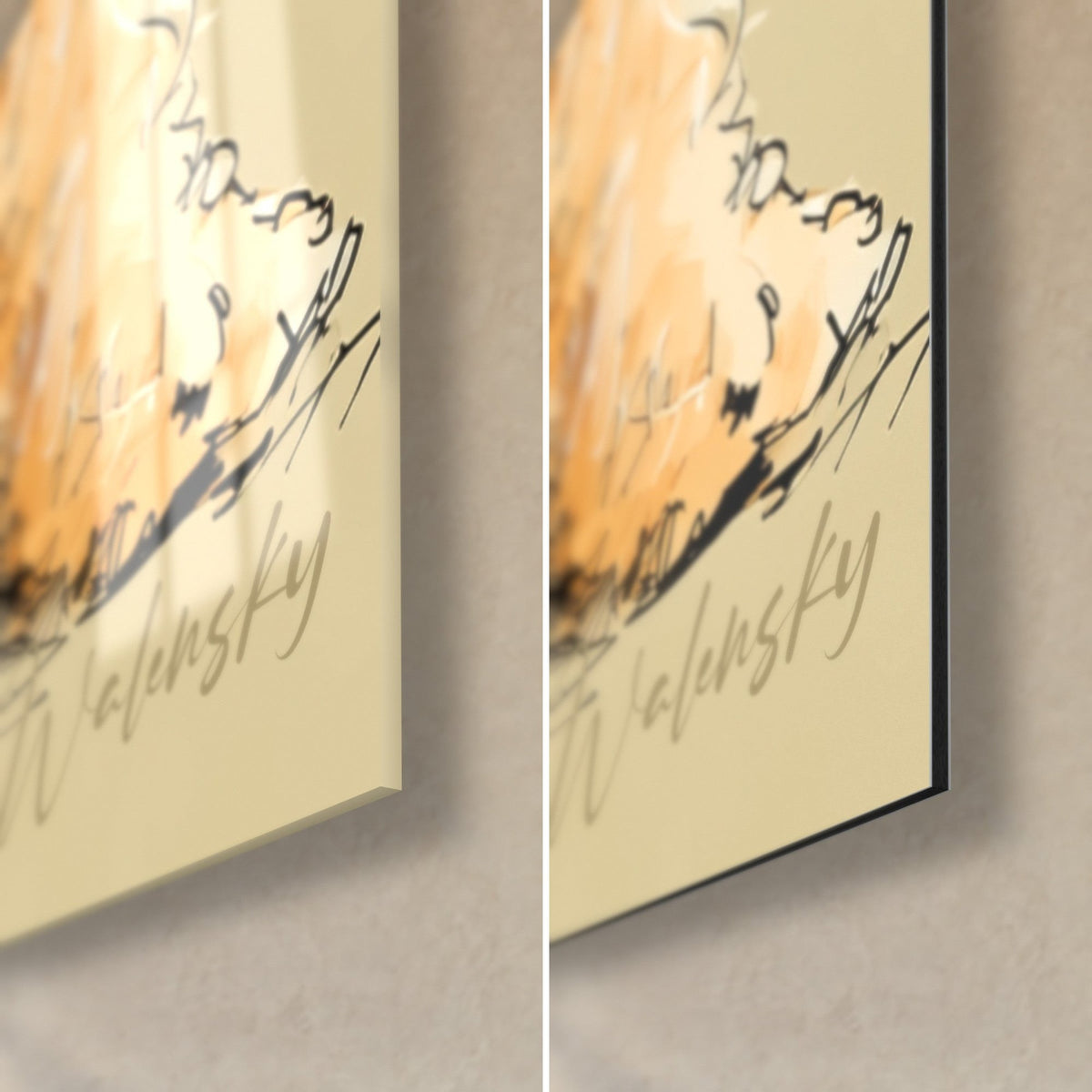 Tableau terrier roux et noir, coin bas droit : verre acrylique brillant à gauche, alu Dibond mat à droite, tranche 3 mm