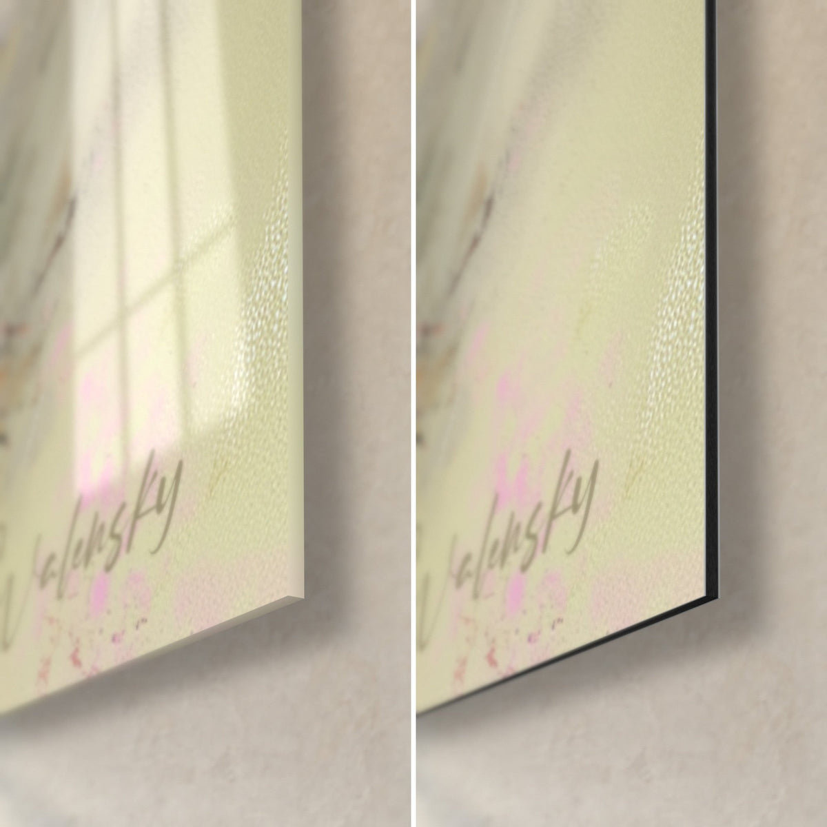 Wall art terrier sitting in the grass, bottom right corner: glossy glass on the left, matte black Dibond on the right, pink Walensky signature