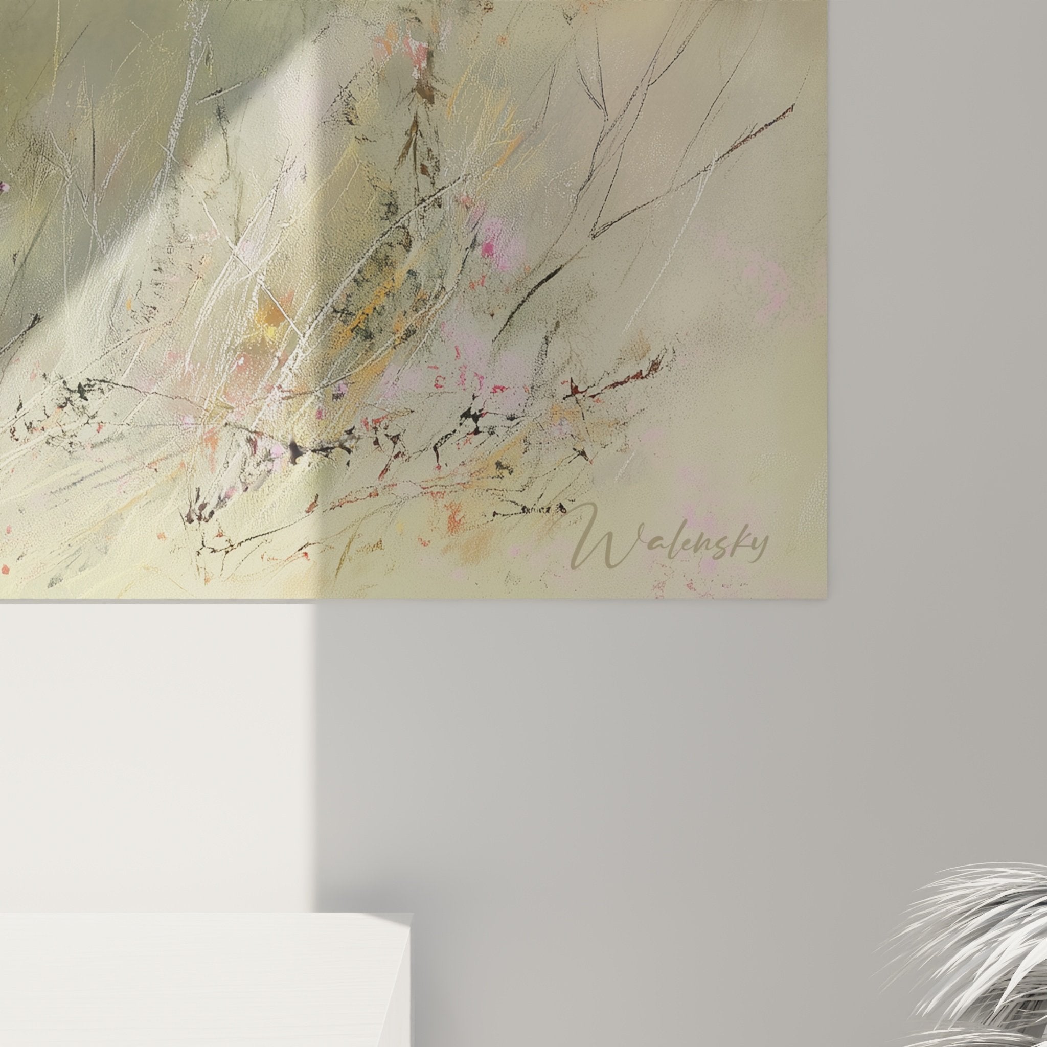 Vue ensemble tableau portrait Airedale Terrier prairie fleurie ambiance doree decoration interieure